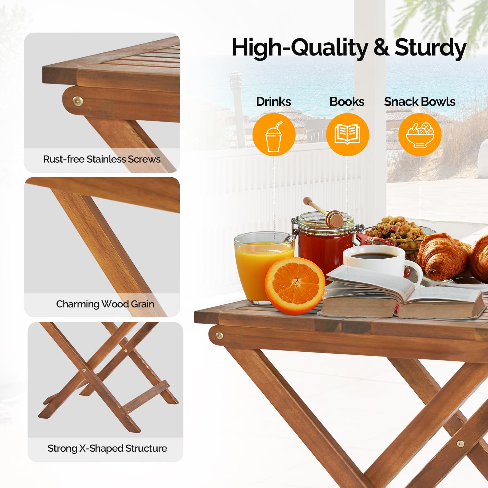 Outvita Outdoor Side Table - Small Acacia Wood Patio Table with Square Folding Frame, Waterproof & Space Saving - Perfect for Patio, Backyard, Balcony, Pool & Porch - Weather Resistant Outdoor Furniture for Relaxing & Entertaining