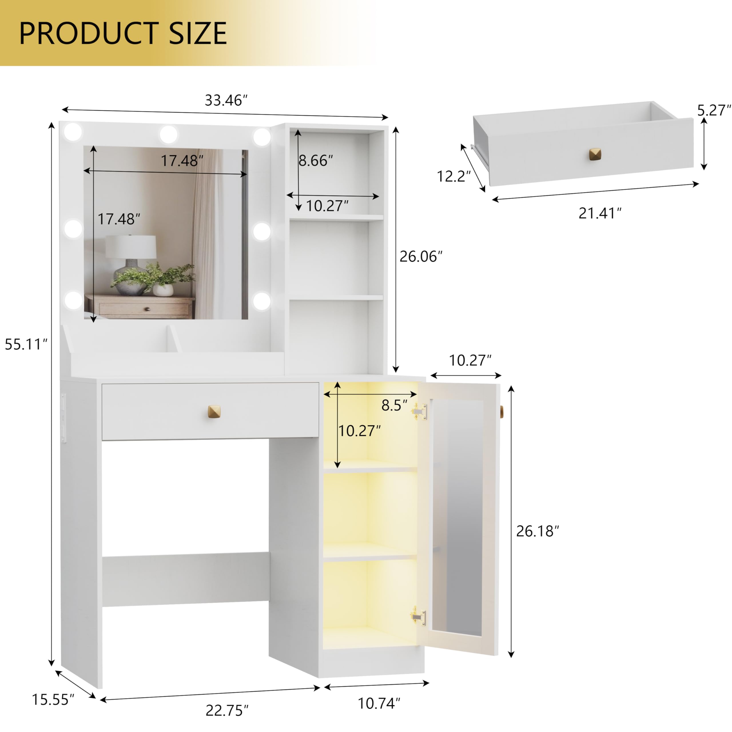 Vanity Desk with Mirror and LED Lights, Makeup Dressing Table with USB Charging Station, RGB Storage Cabinet & Large Drawer, White Bedroom Furniture for Women - Perfect for Makeup Application, Skincare Routine and Home Decor