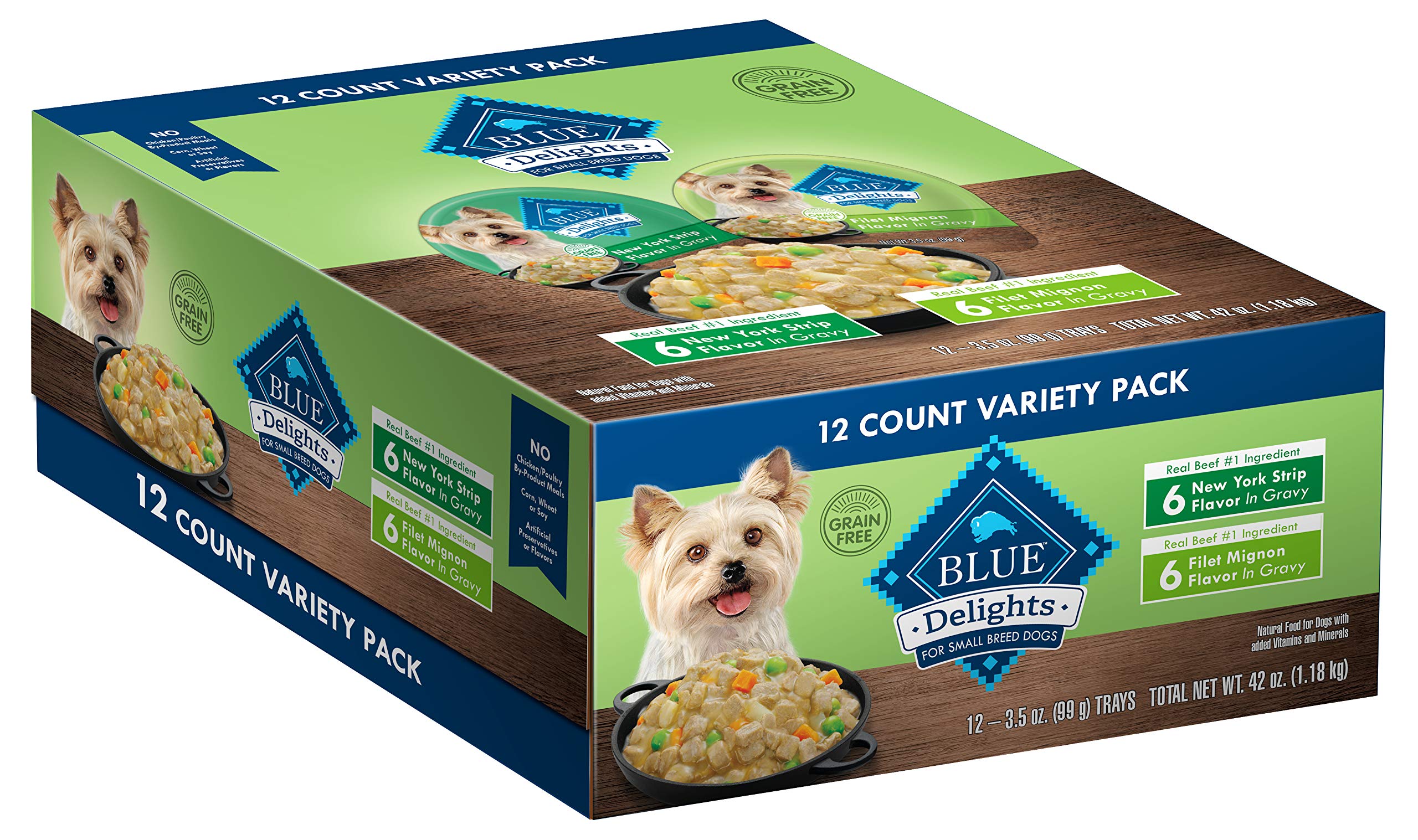 Blue Buffalo Delights Natural Adult Small Breed Wet Dog Food Cups Variety Pack - Hearty Gravy, Filet Mignon & New York Strip Flavors (12 Count, 3.5-oz Cups) | Premium Grain-Free Dog Food for Small Breeds | Perfect for Mealtime, Training Treats & Travel Feeding