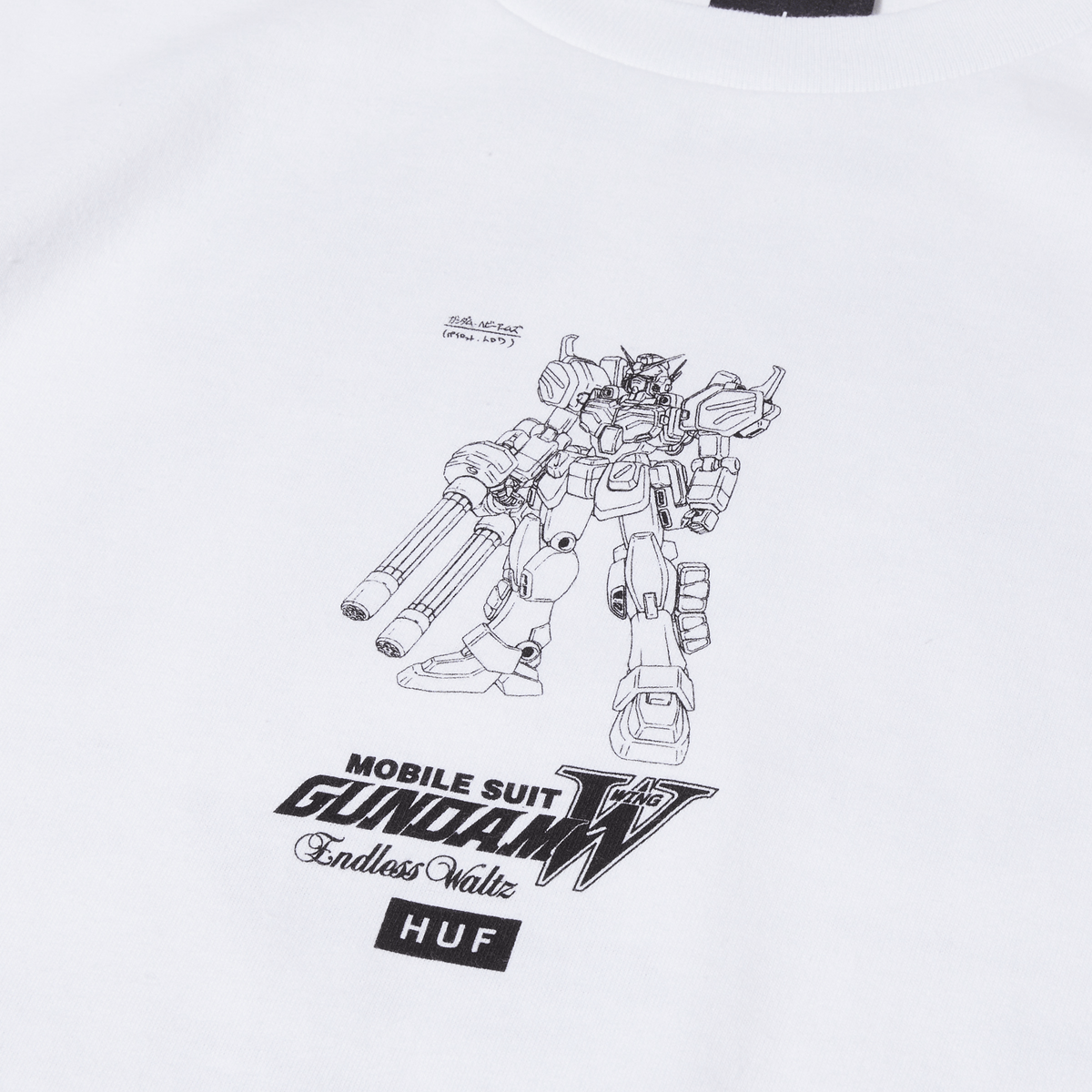 HUF x Gundam Heavy Arms Schematics Short Sleeve T-Shirt - White Cotton Tee for Anime Fans & Streetwear Enthusiasts - Perfect for Cosplay, Casual Wear & Gundam Collectors
