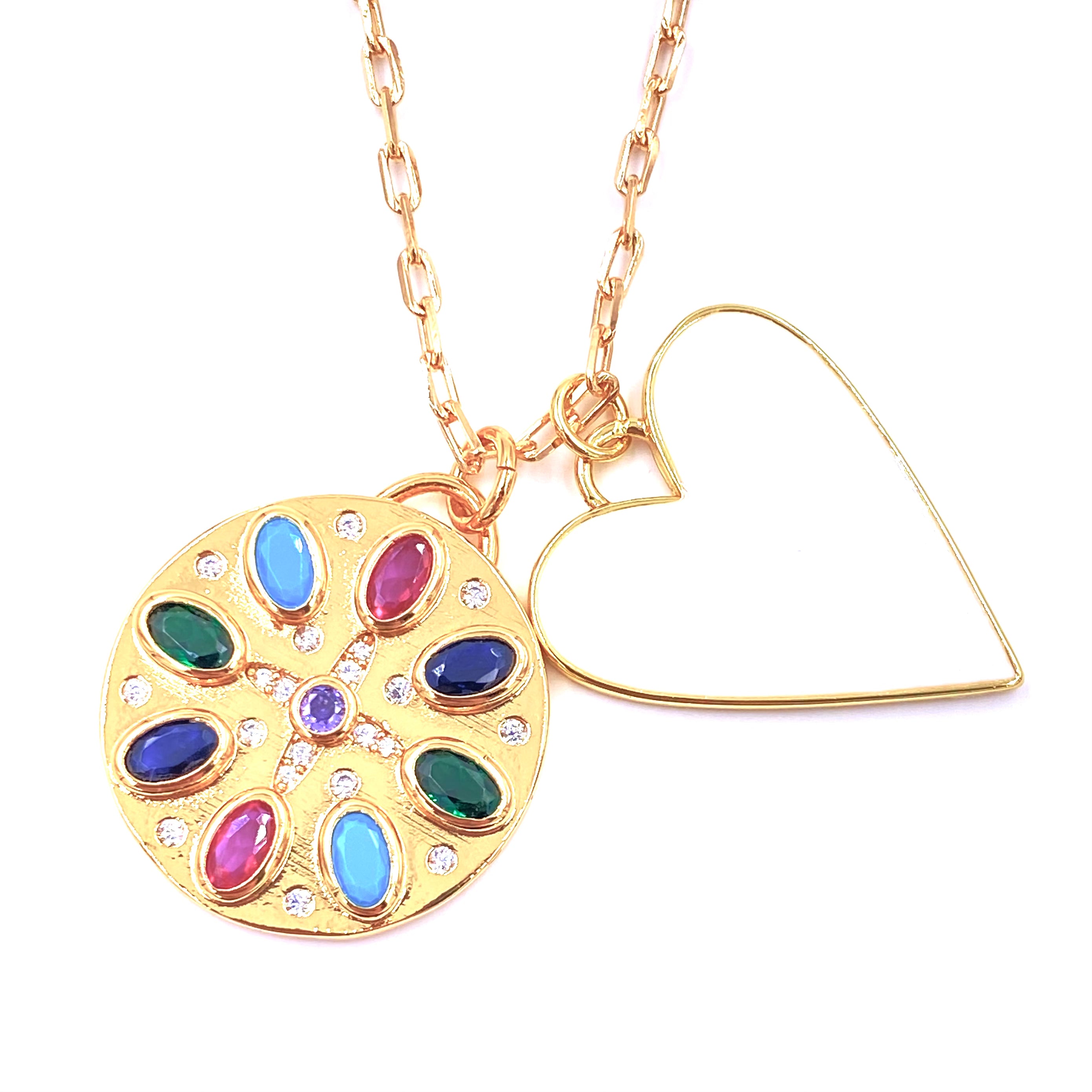Ashley Gold Stainless Steel Gold Plated Circle CZ Multi-Colored Pendant with Enamel White Heart Necklace | Elegant Jewelry for Women, Perfect Gift for Valentine's Day, Anniversary & Special Occasions