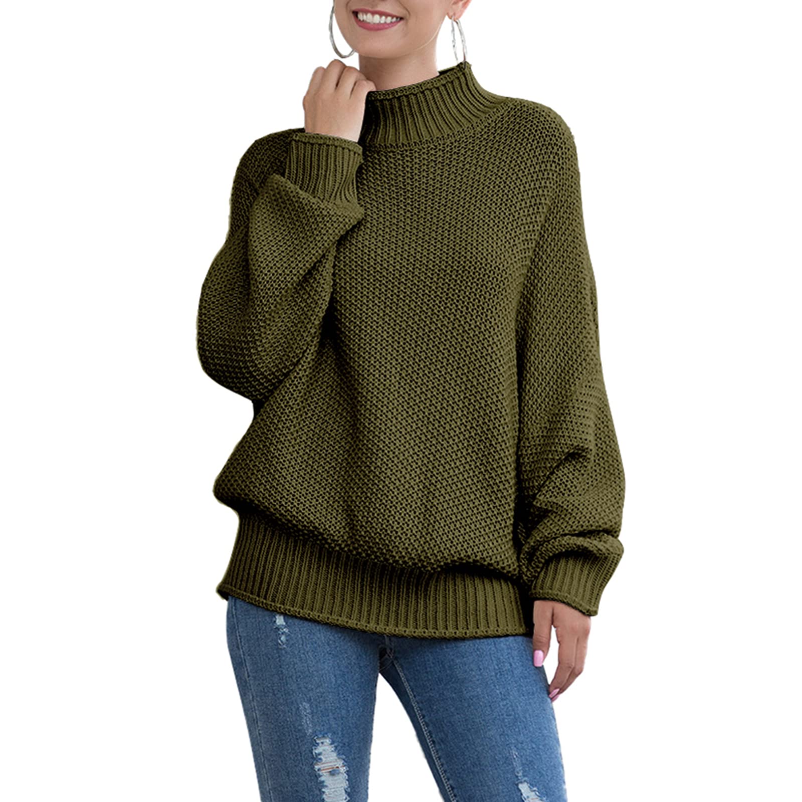 Women's Long Sleeve Waffle Knit Pullover Sweater - Solid Color Turtleneck Top with Puff Sleeves & Crochet Detail | Oversized Cozy Sweater for Fall Winter, Casual Outfits, Office Wear & Date Nights