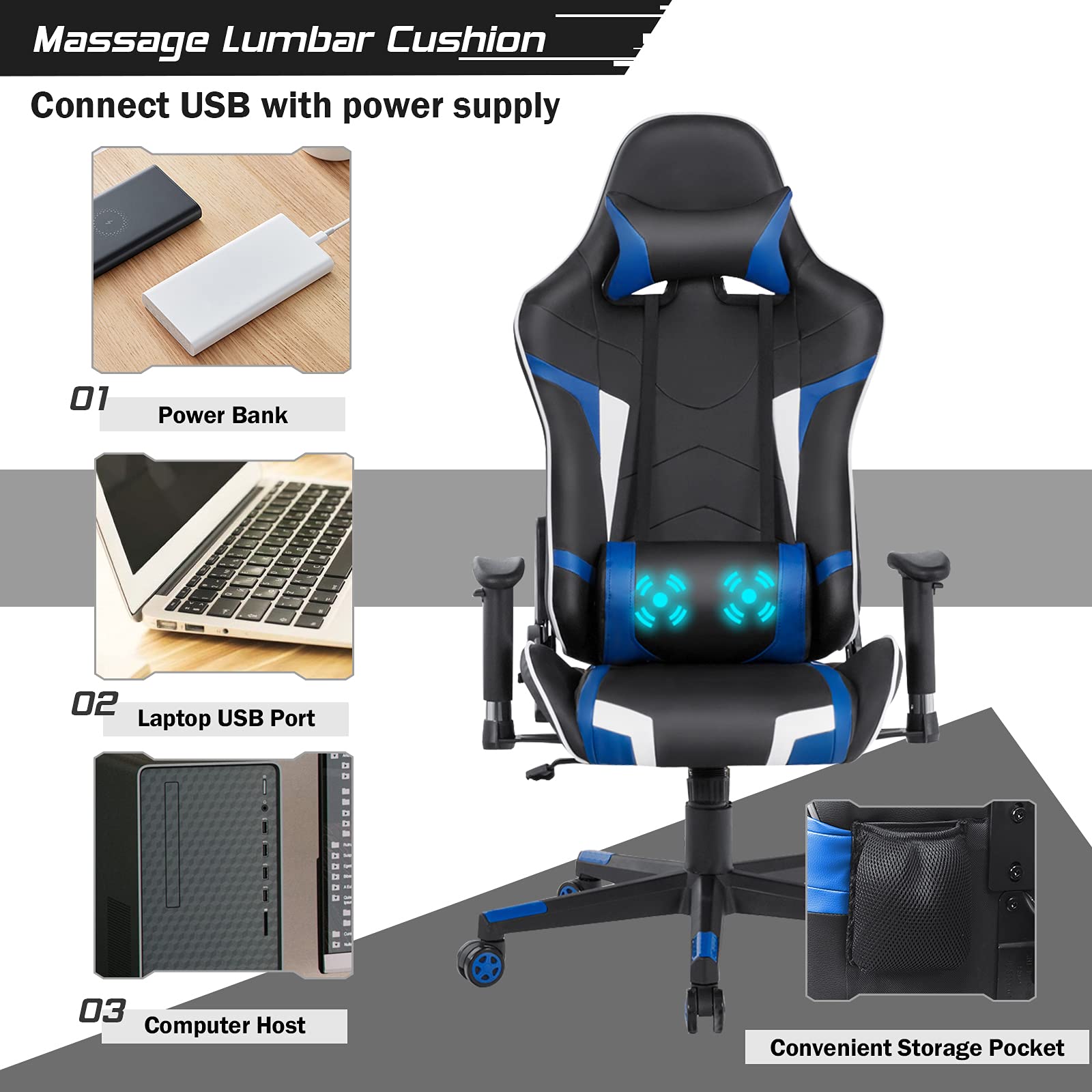 GYMAX Ergonomic Gaming Chair with Massage, Adjustable Headrest & Lumbar Support - Blue Reclining Computer Chair for Office & Home Gaming Setup - Perfect for Esports, Streaming, and Long Work Sessions