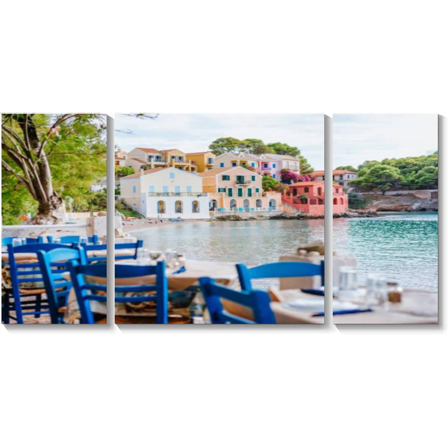 3 Piece Canvas Wall Art - Greek Tavern in Assos Fishing Village, Kefalonia Island Greece - Stretched & Framed Painting Poster for Living Room Decor - Ready to Hang - Perfect for Home, Office, or Gift Giving