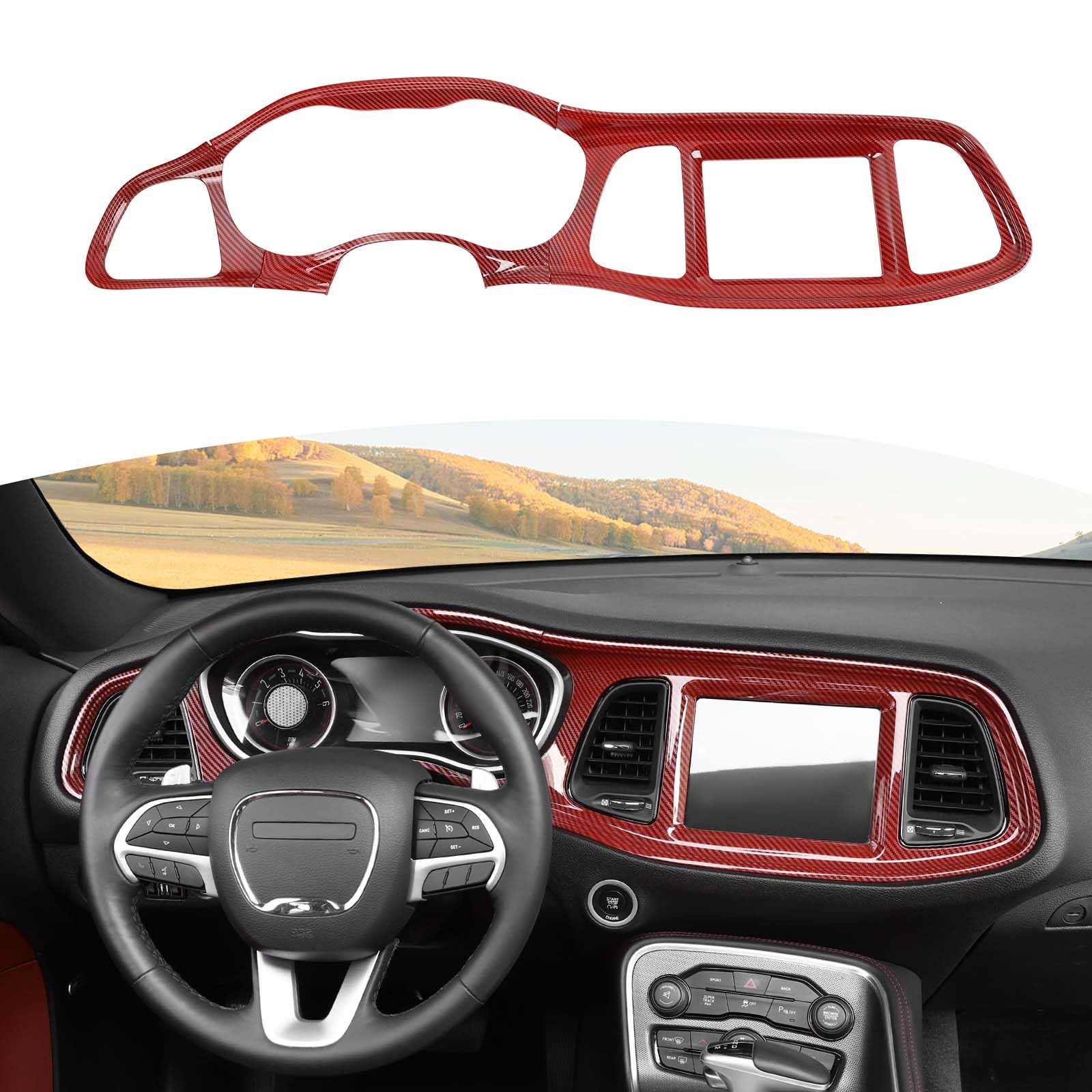 Red Carbon Fiber Dashboard Panel Trim Cover Bezel for Dodge Challenger 2015-2023 | Interior Accessories 4pcs | RT-TCZ | Upgrade Your Car Interior Style
