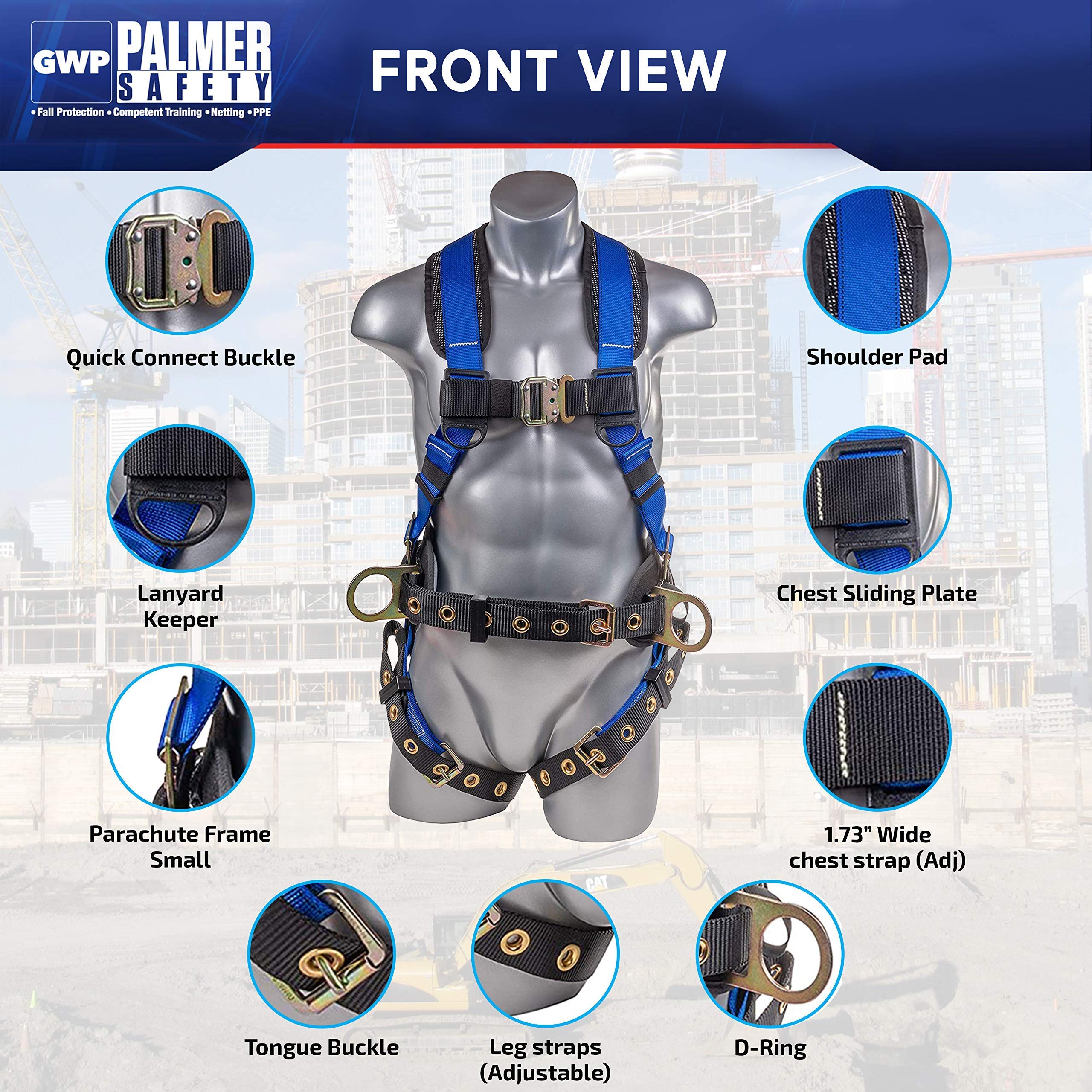 Palmer Safety Fall Protection Hammerhead Kit - 5-Point Safety Harness, 6-Foot Double Leg Lanyard, 18-Inch D-Ring Extender (Blue, X-Large) | OSHA Compliant Construction & Roofing Gear for Workers