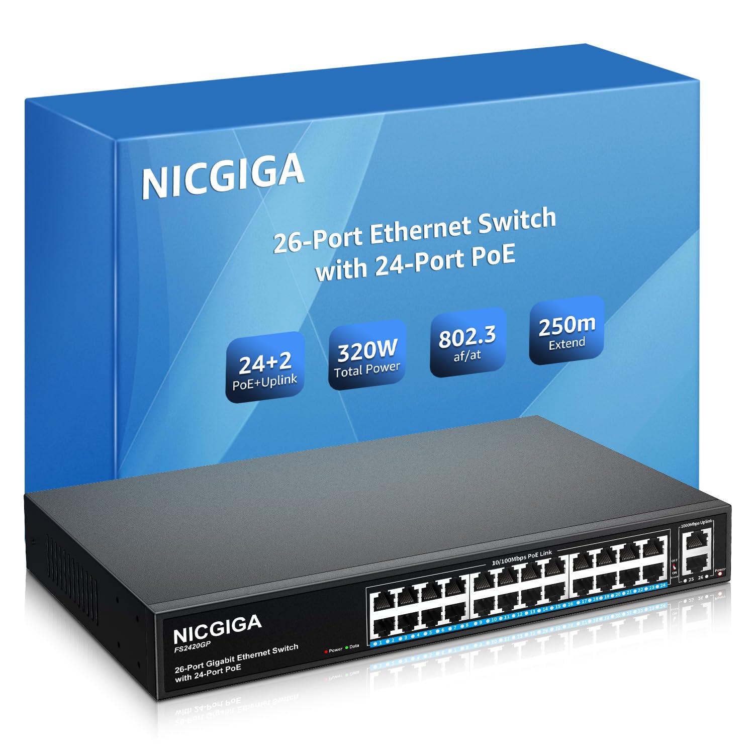 24 Port PoE+ Unmanaged Switch with 320W Power Budget, 2 Gigabit Uplink Ports & VLAN Support - 250m Extend Range, 19