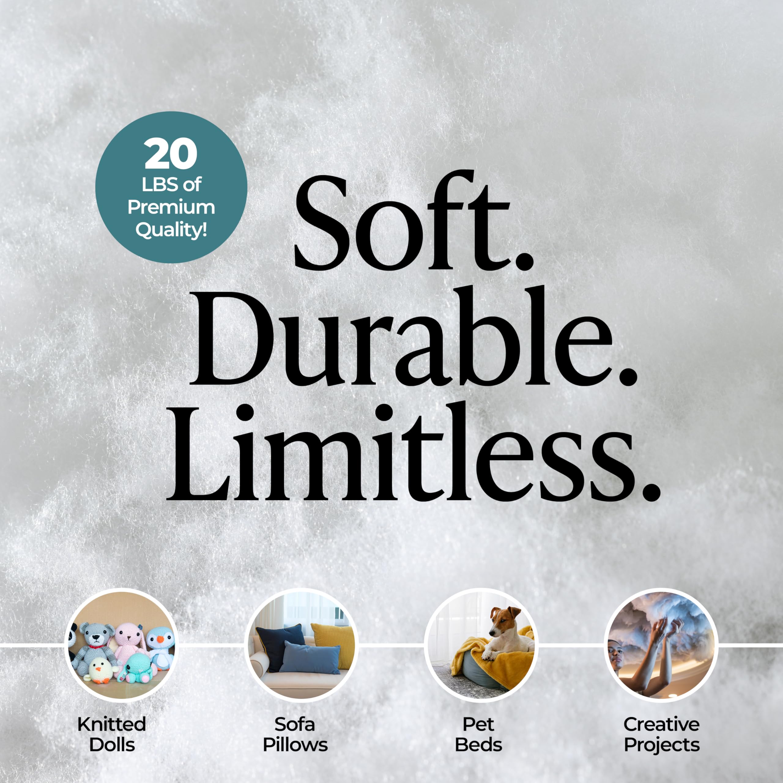 Premium Polyester Fiber Fill Stuffing 20 LB Bag - Soft Fluffy Stuffing for Stuffed Animals, Pillows, DIY Crafts, Toys & Cloud Decorations - Ideal Batting for Couch Pillows, Home Decor & Upholstery Projects - Perfect for DIY Sewing, Crafting & Soft Toy Making