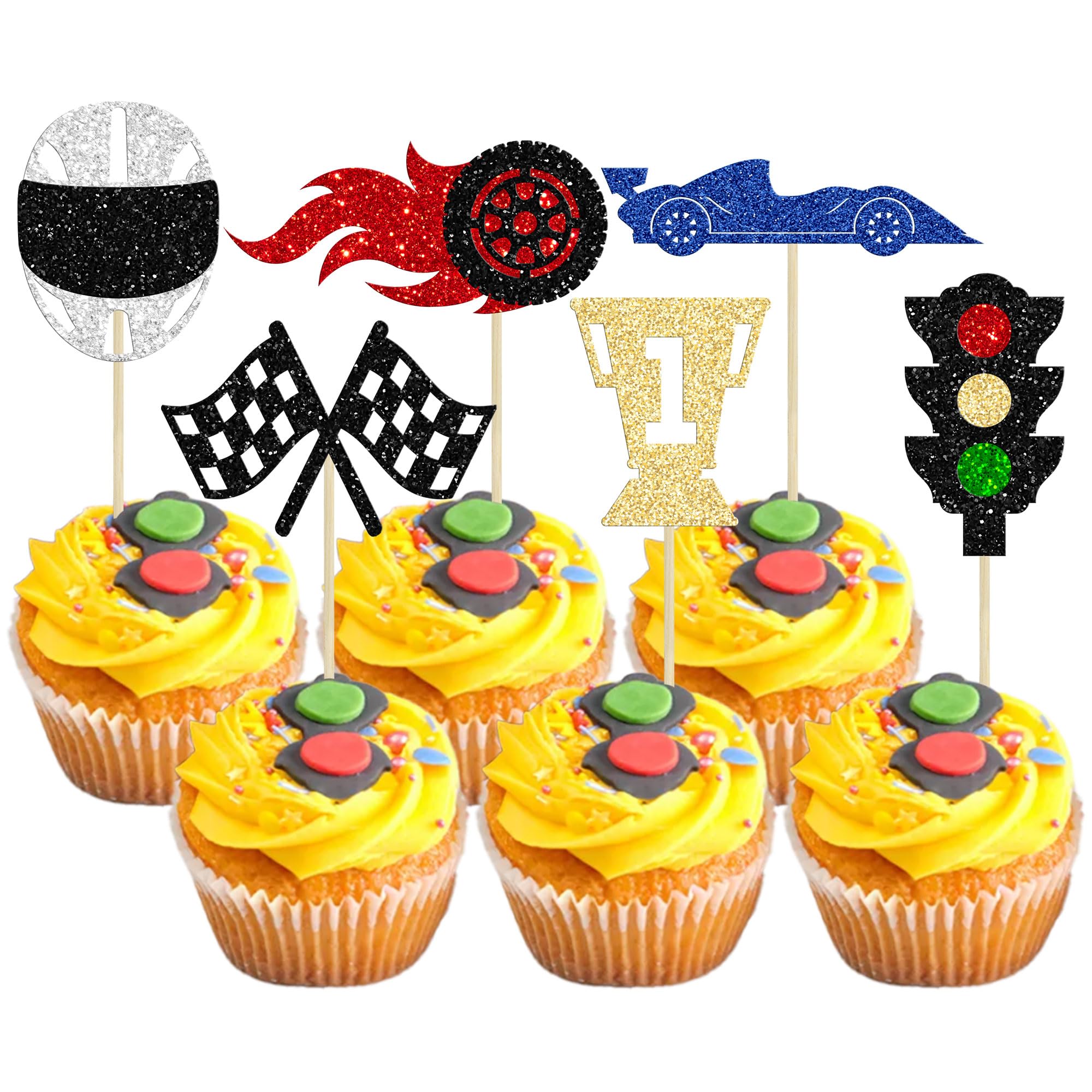 24Pcs Race Car Cupcake Toppers - Glitter Traffic Light, Wheel, Trophy & Flag Decorations for Racing Themed Birthday Parties, Baby Showers & Sports Events - Perfect for Cake Decorating & Dessert Displays