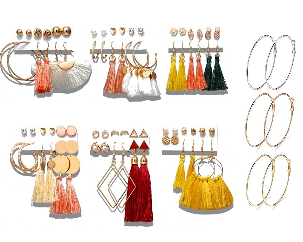 39/42 Pairs Fashion Tassel Earrings Set for Women - Gold Dangle & Hoop Stud Earrings Jewelry Gift for Girls | Party, Wedding & Everyday Wear