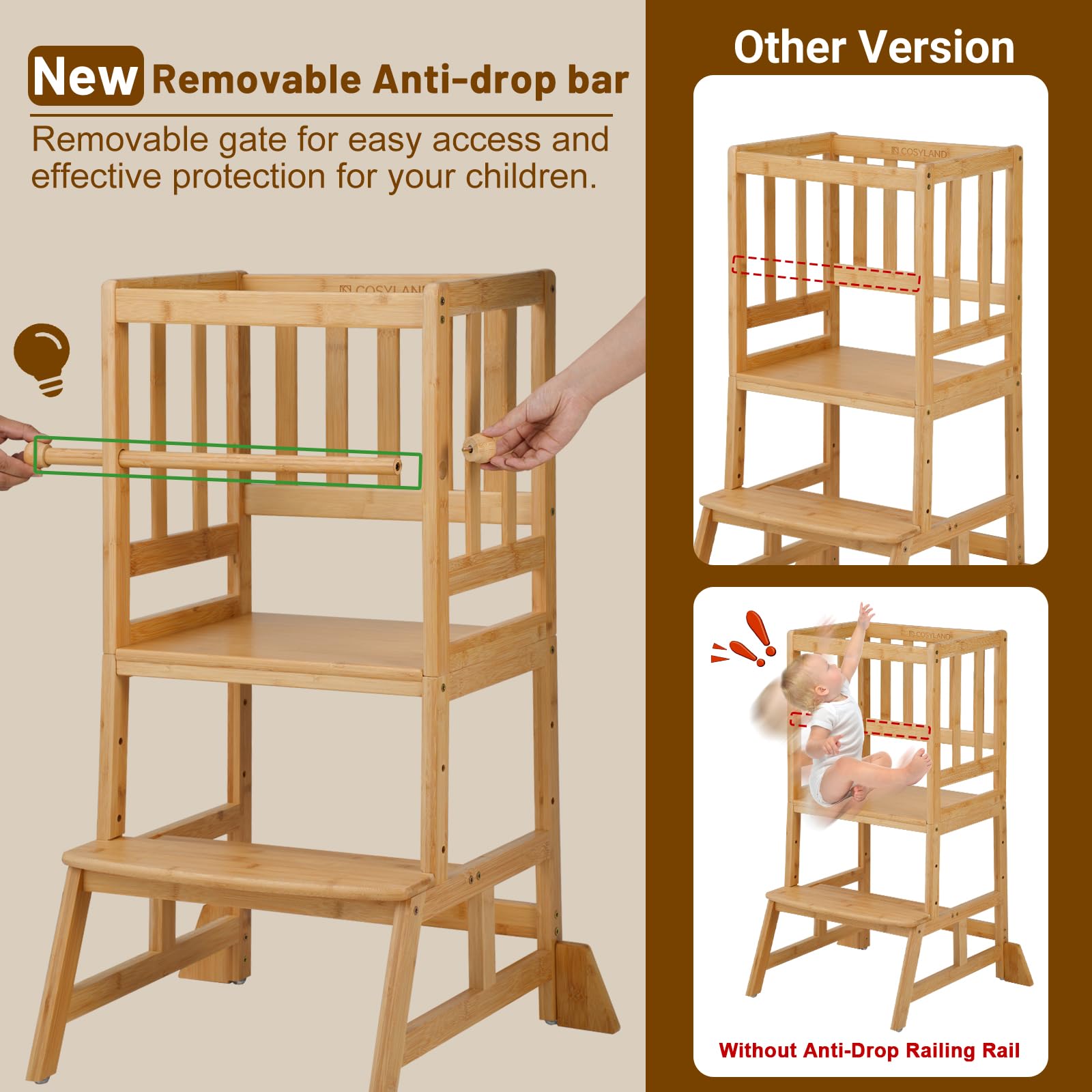 **COSYLAND Adjustable Toddler Step Stool - Natural Bamboo Learning Tower with Safety Rail for Kitchen, Playroom & Montessori - Lightweight & Sturdy Helper Stand for Kids**
