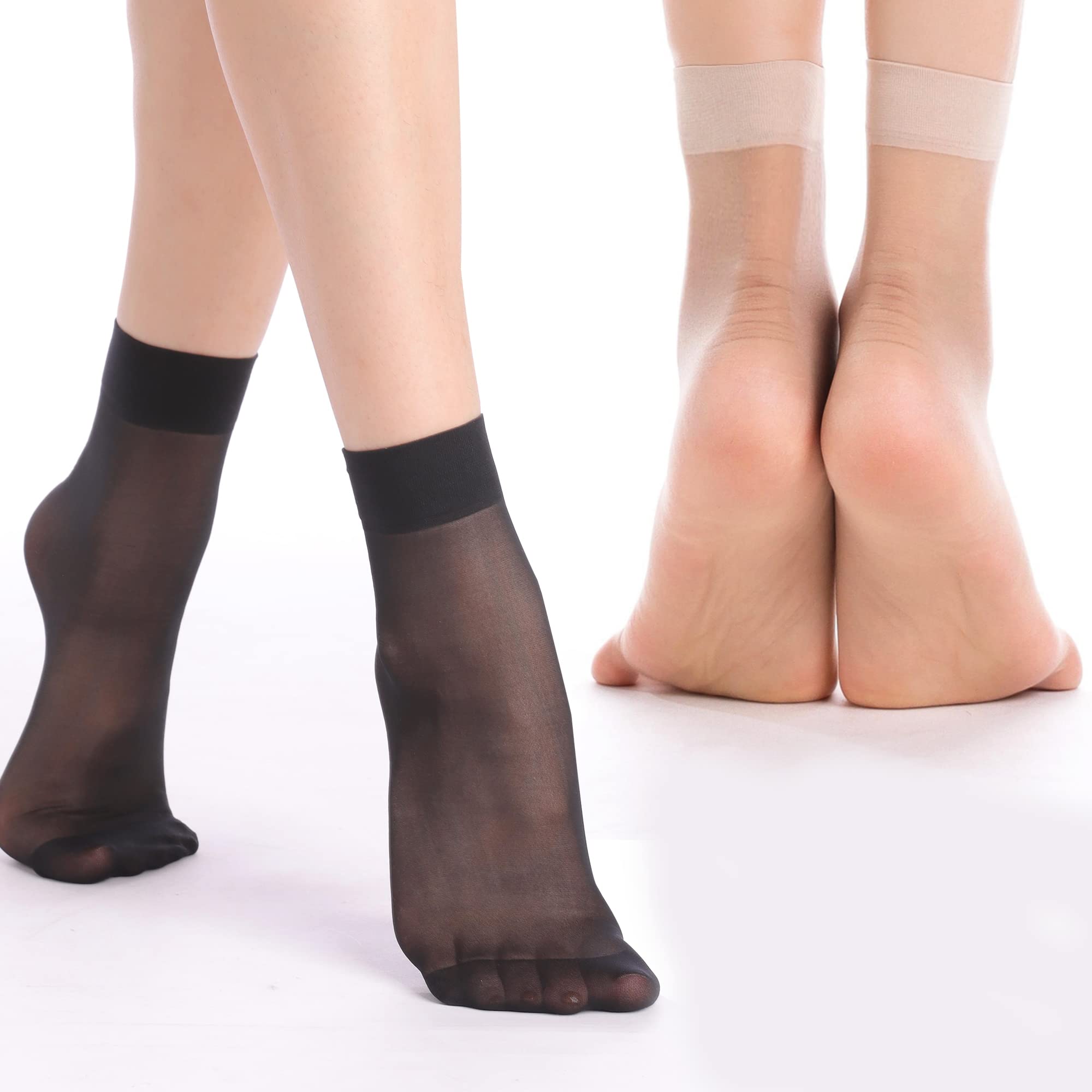 9 Pairs Women's 20 Denier Sheer Ankle Socks - Nylon Black & Nude One Size Socks for Everyday Wear, Office & Casual Outfits