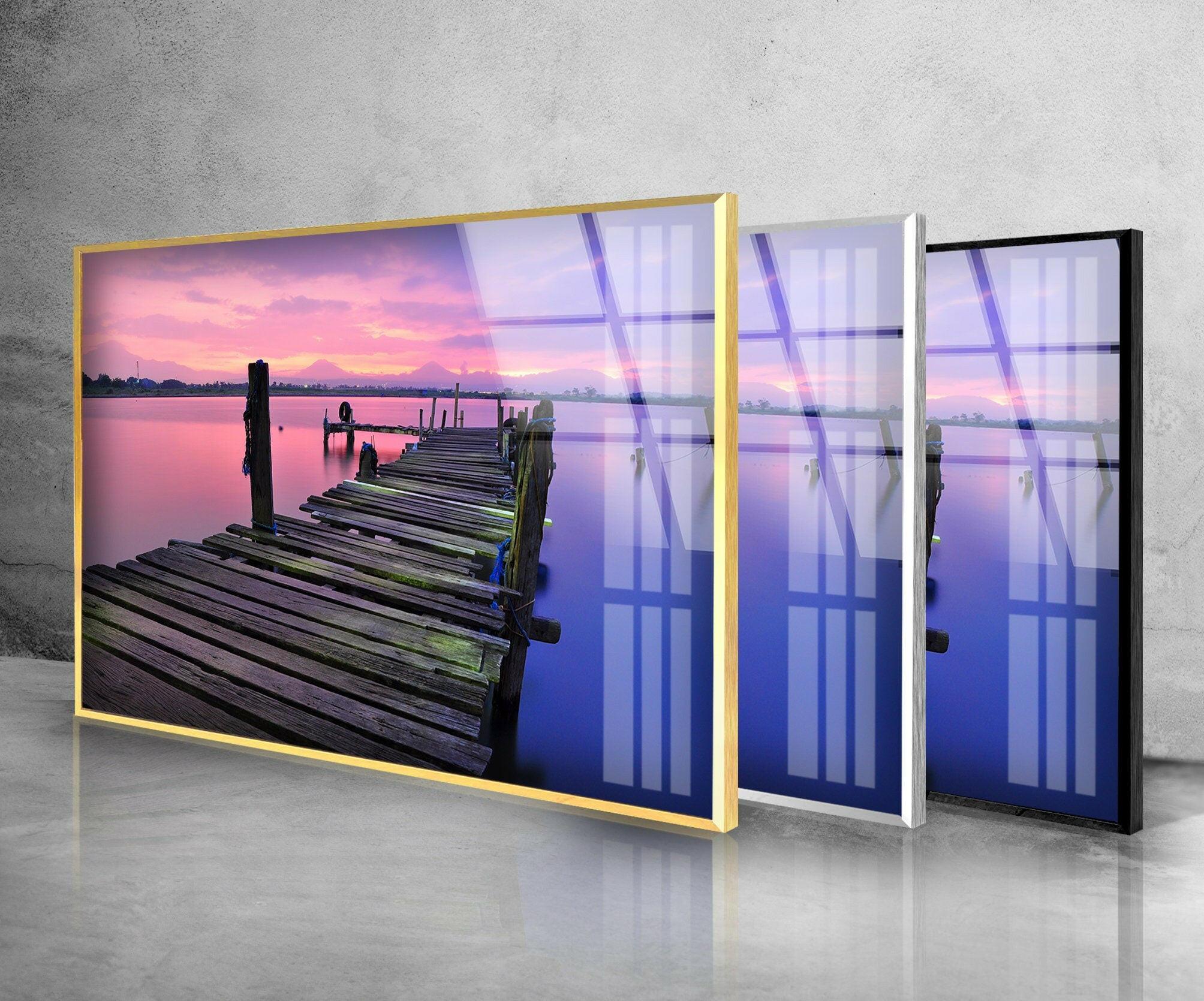 Stunning Sunrise Over Abandoned Dock - Handmade Glass Wall Art for Living Room, Bedroom & Office Decor | Coastal Landscape Artwork