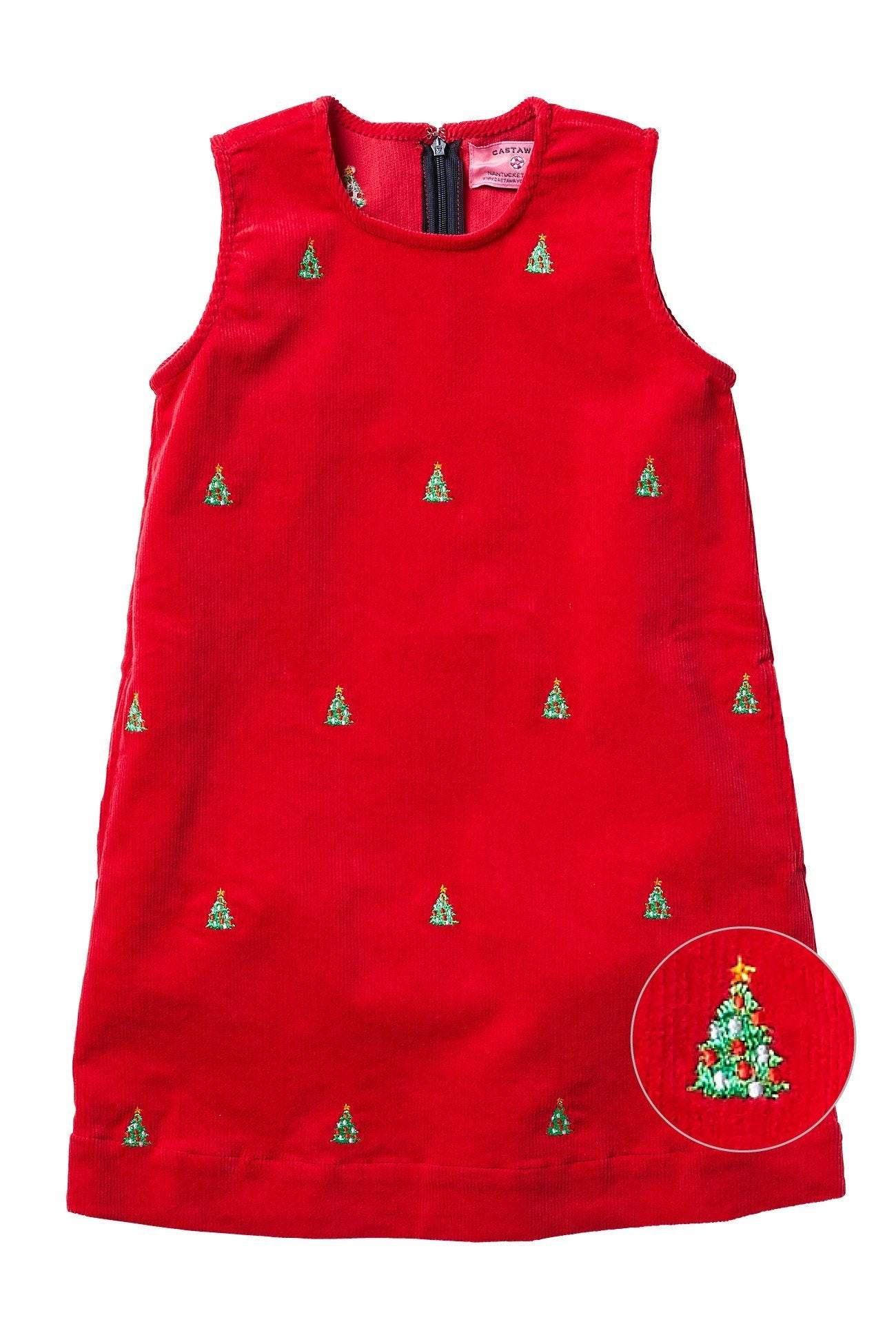 Girls Corduroy Shift Dress - Crimson Red with Christmas Tree Print - Holiday Party, Christmas Outfit, Festive Family Gathering