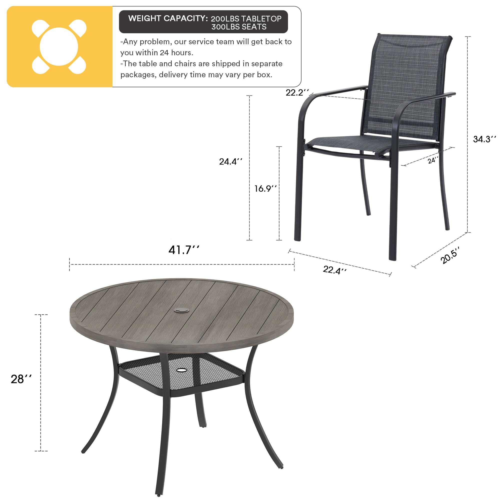 VICLLAX 5-Piece Outdoor Dining Set for 4 - Round Patio Table & 4 Stackable Chairs in Gray Wood-Like Finish & Dark Gray - Perfect for Backyard, Garden, Deck or Poolside Gatherings