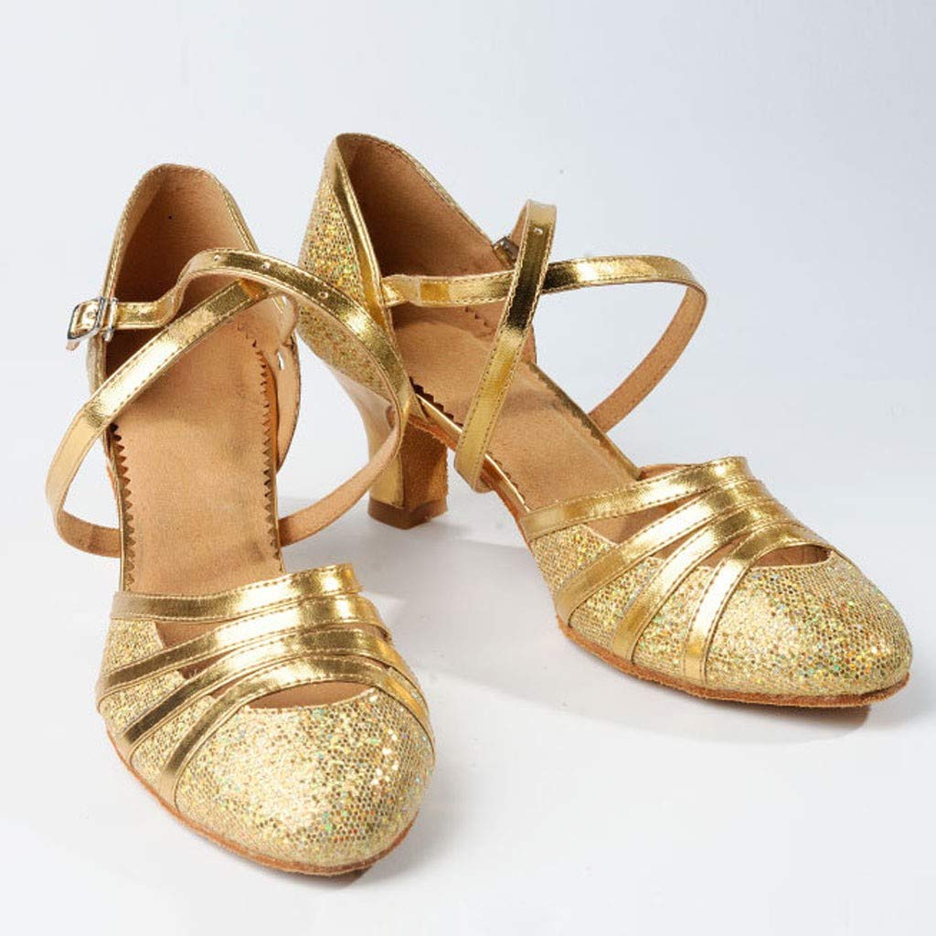 Hbeylia Vintage Women's Glitter Sequin Round Toe Sandals - Chunky Mid Heel Cross Ankle Strap Ballet Flats for Wedding, Party, Ballroom, Latin Salsa Dance, Prom, Evening Events & Special Occasions