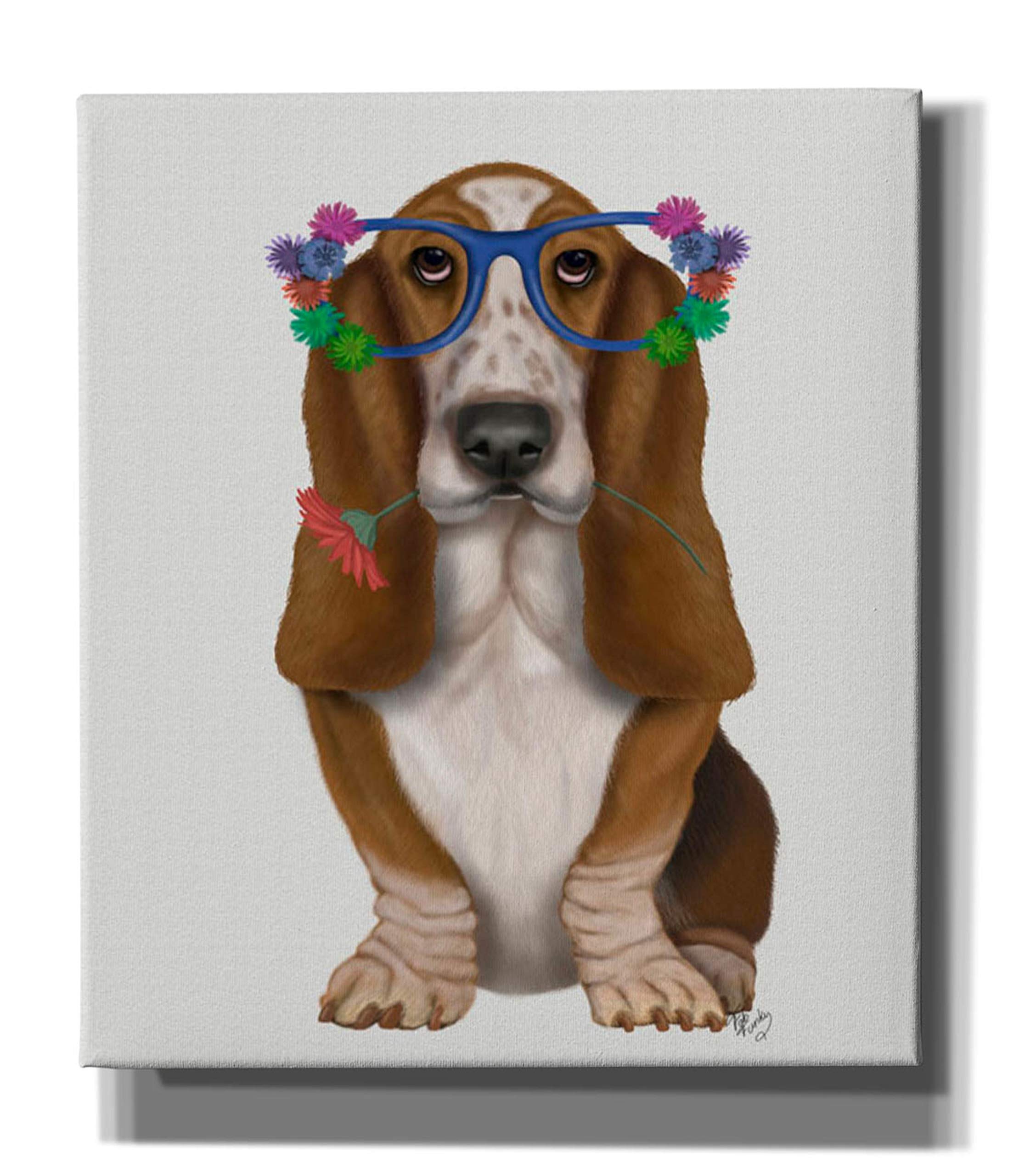 Fab Funky Epic Graffiti Basset Hound with Flower Glasses Canvas Wall Art - 26x30 Inches - Modern Home Decor for Living Room, Bedroom & Office