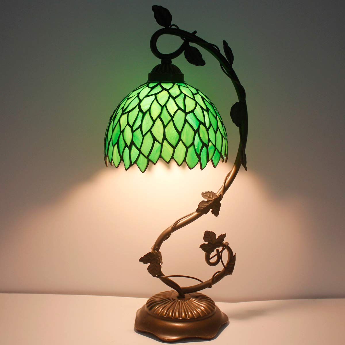 Tiffany Style Stained Glass Table Lamp - Green Wisteria Design with Metal Leaf Base, 8x10x21 Inches, Perfect for Bedroom, Home Office, Reading Light, Small Space Decor (S523 Series) | Elegant Lighting for Cozy Nights & Workspaces