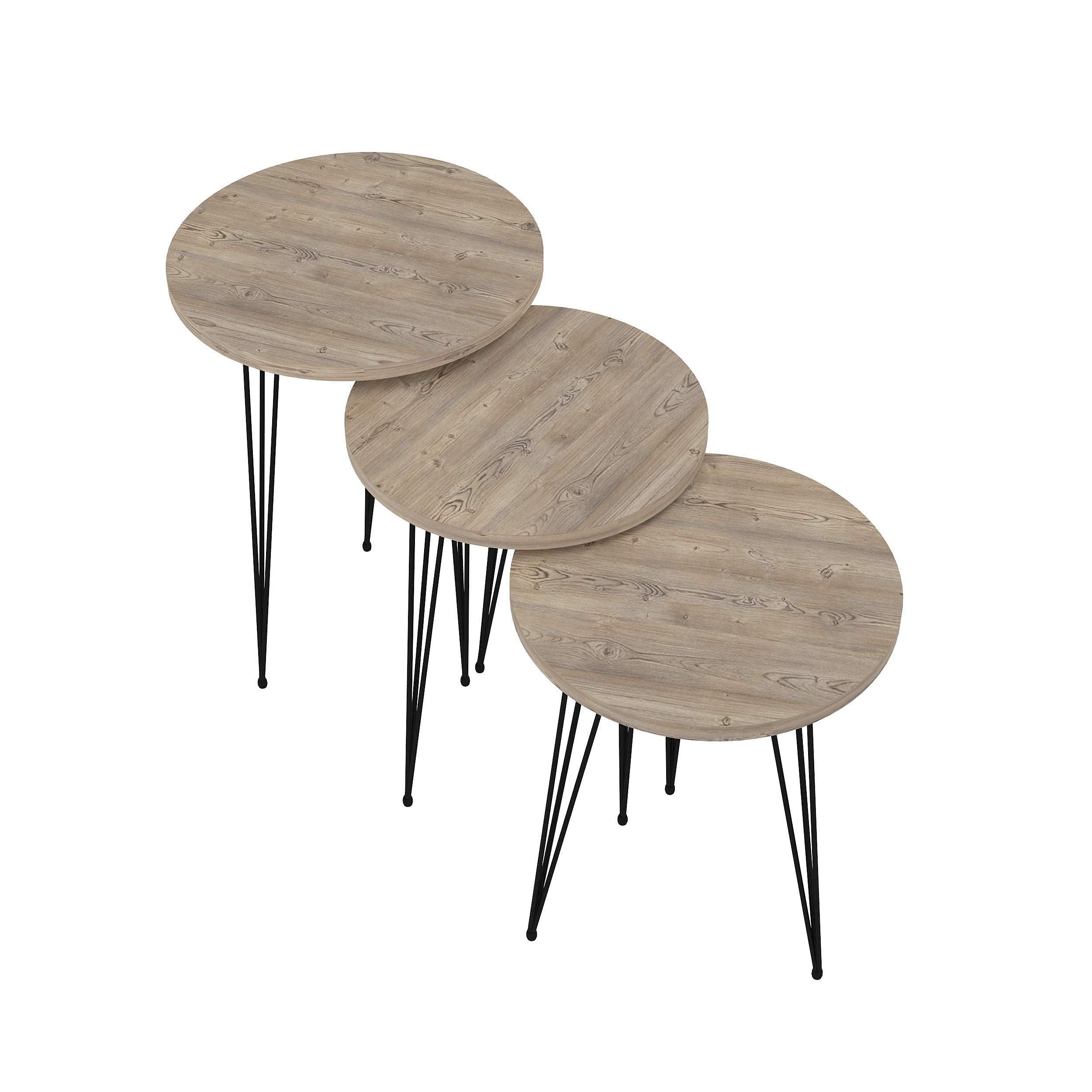 PAK HOME Set of 3 Round Grey Pine Wood Nesting End Tables with Metal Legs - Stackable Coffee Side Accent Tables for Living Room, Bedroom Nightstand & Home Office - Perfect for Small Spaces, Apartment Decor & Modern Furniture Arrangement