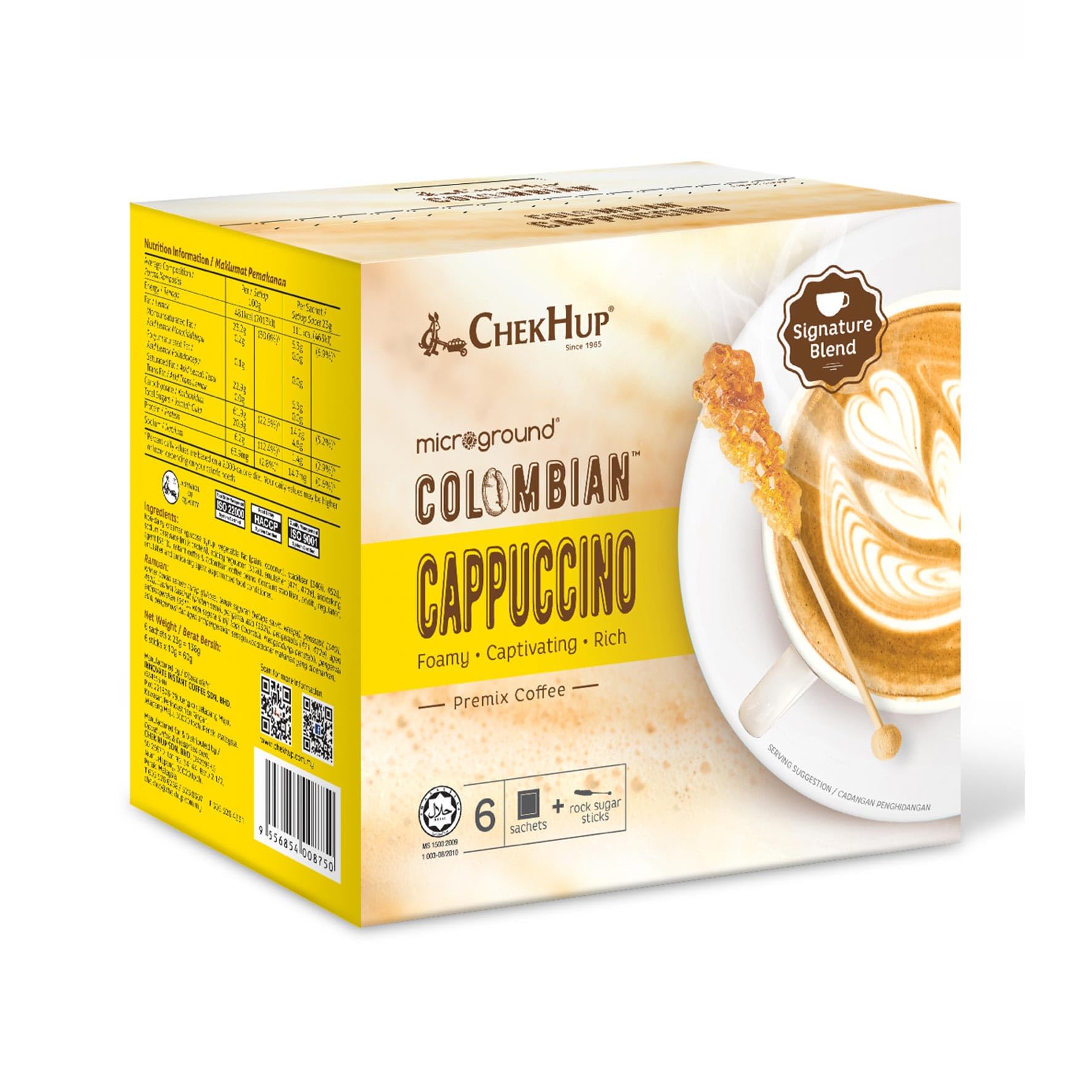 Chek Hup Microground Colombian Cappuccino Instant Coffee - 6 Sachets (6 Pack) | Rich & Creamy Coffee Mix for Office, Home & Travel | Perfect for Breakfast, Afternoon Break or Gift Giving