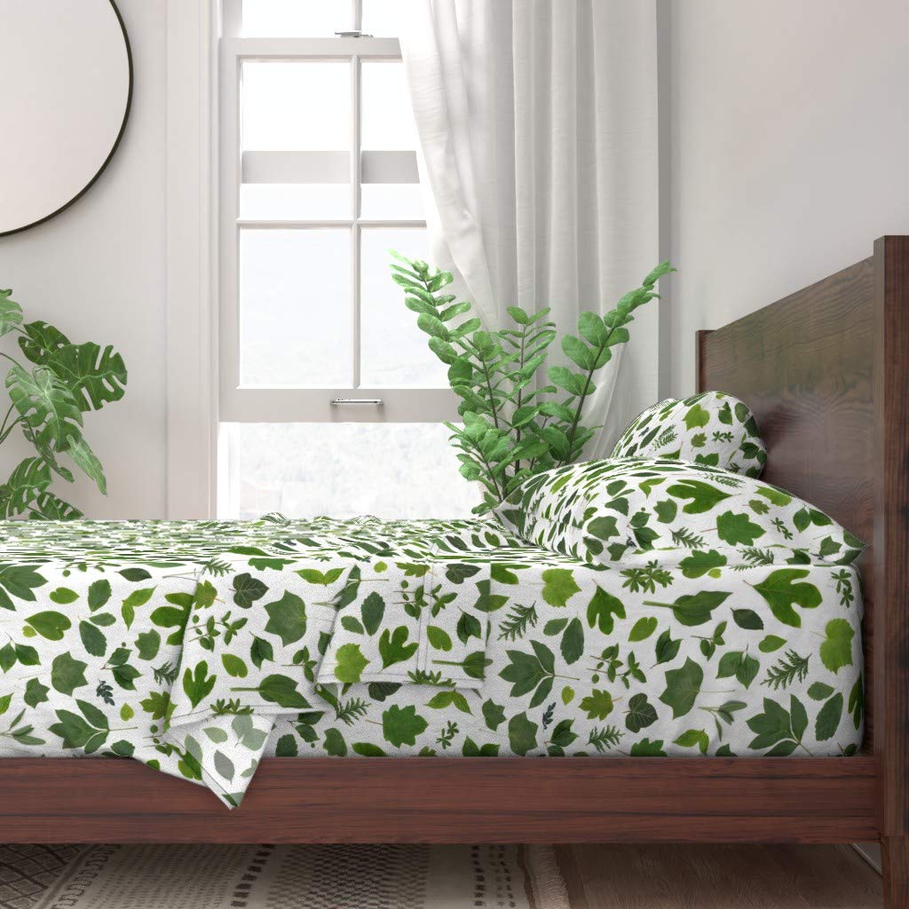 100% Cotton Twin 3-Piece Sheet Set | Botanical Green Leaf & Dogwood Woodland Print | Soft Breathable Bedding for Home Decor | Perfect for Guest Rooms, Dormitories & Cozy Bedroom Retreats