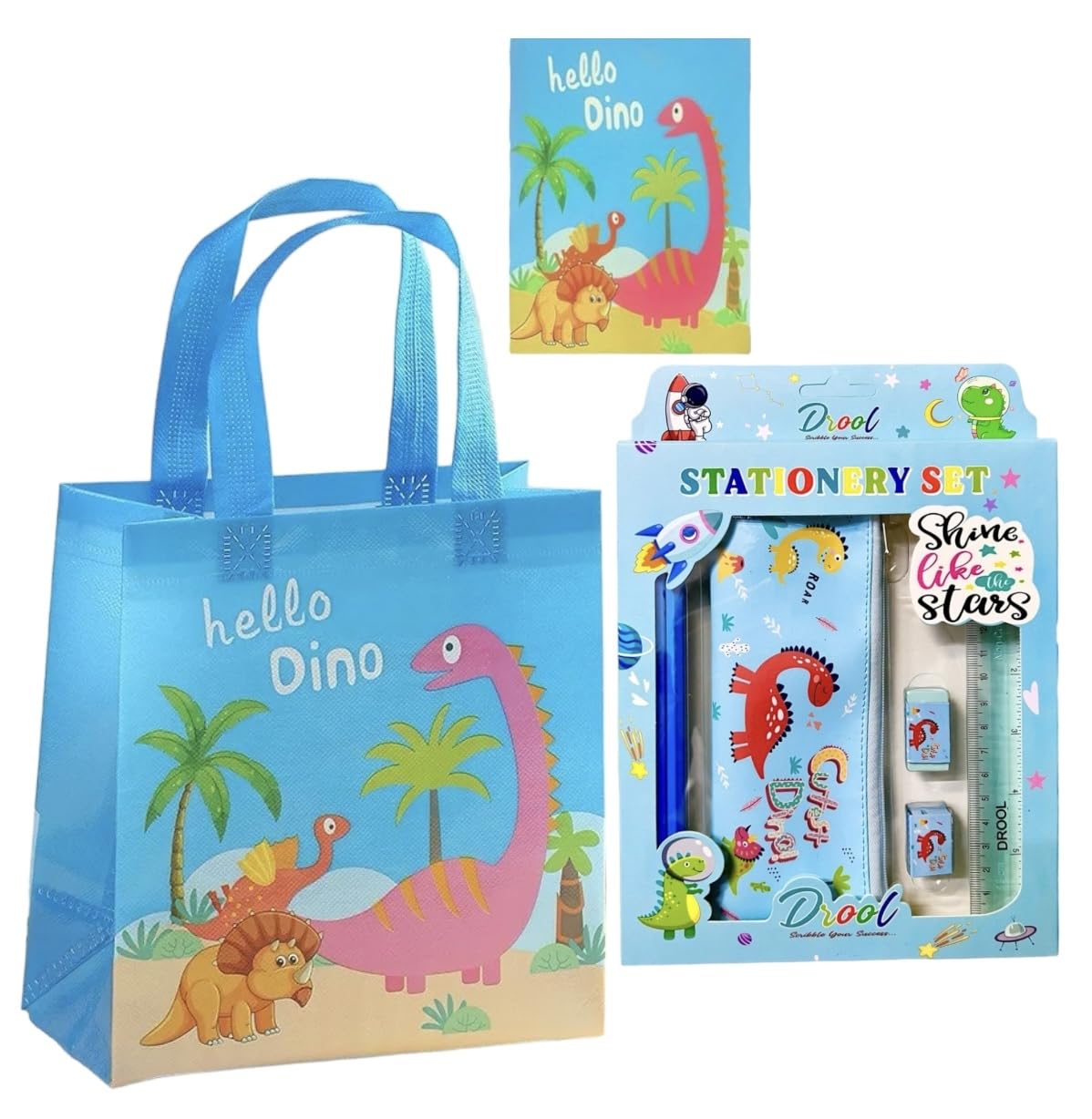 LE DELITE Animal Jungle Carnival Party Return Gift Set - Stationery Combo Pack with A6 Zipper Pouch Diary, Pencils, Eraser, Sharpener, Scale & Gift Bag (Dinosaur Jungle Theme) - Perfect for Kids Birthday Party Favors, School Supplies & Carnival Giveaways