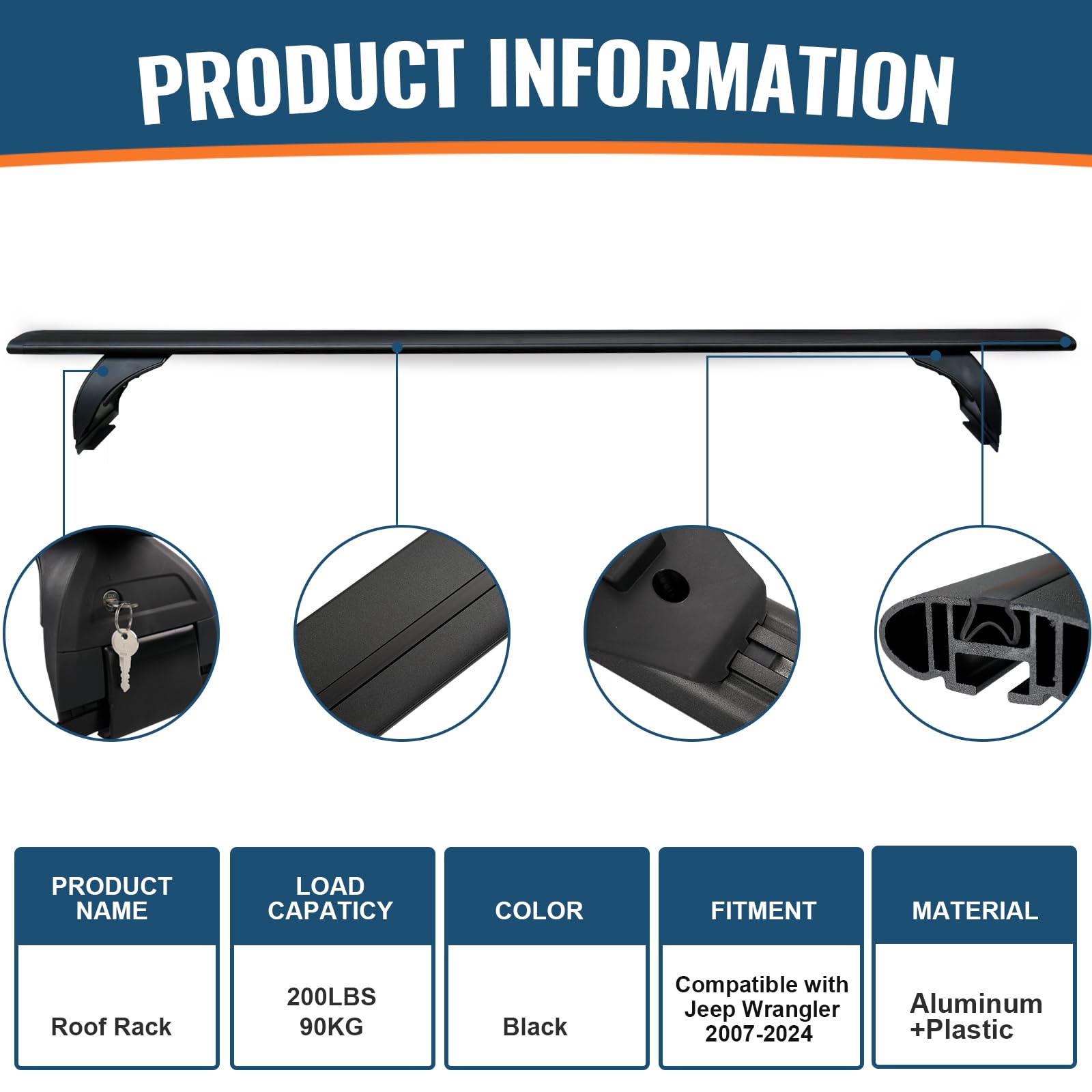 Heavy Duty Aluminum Roof Rack Cross Bars 200lb Capacity - Compatible with Jeep Wrangler JK JL & Gladiator JT (2007-2024 Models) - Anti-Theft Locking System - 2/4 Door Universal Fit - Perfect for Rooftop Cargo, Kayak, Bike, Ski & Outdoor Gear Carrier