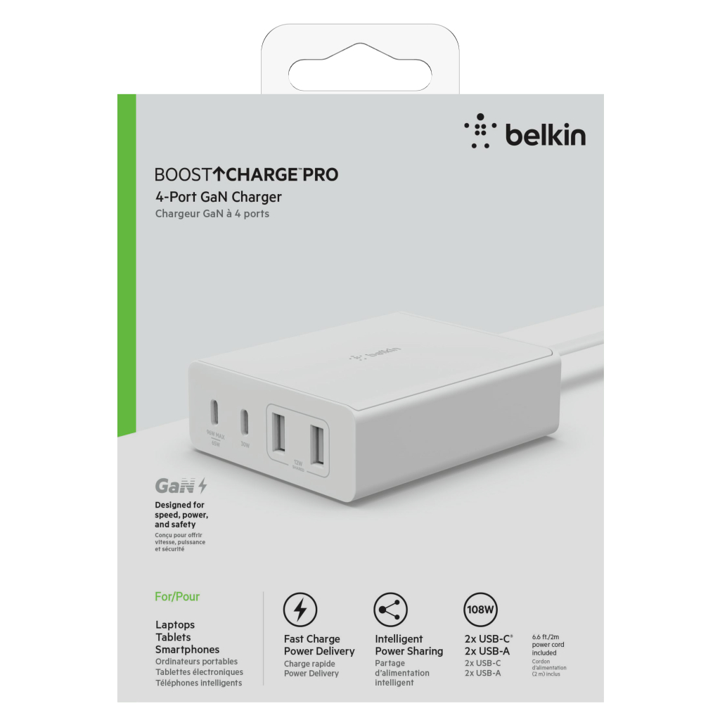 Belkin 108W USB C GaN Fast Charger with PD 96W Max, 30W GaN PD & Dual 12W USB A Ports - White | Perfect for Laptops, Phones & Tablets at Home, Office or Travel