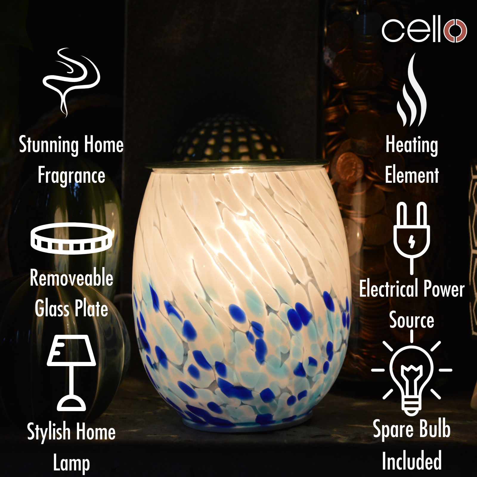 Premium Cello Electric Wax Warmer - Handcrafted Art Glass with Crashing Waves Design for Home Aromatherapy & Relaxation | Perfect for Living Room, Bedroom, Spa & Office Decor
