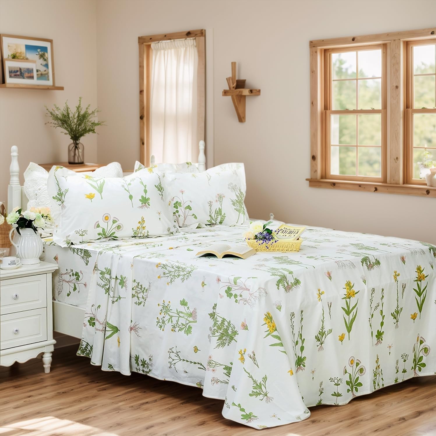 FADFAY 100% Cotton 4-Piece Bed Sheet Set - Green Floral Print (1 Flat Sheet, 1 Fitted Sheet, 2 Pillowcases) - Soft & Comfortable Twin XL Bedding for Dorm, Guest Room & Home Decor