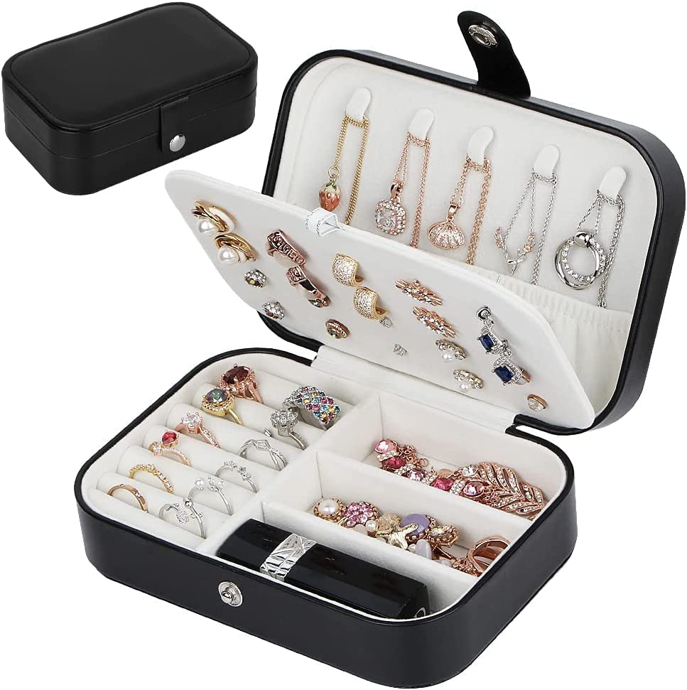 Yiluana Portable Jewelry Organizer Box - Travel Jewelry Case for Earrings, Rings, Necklaces, Bracelets & Watches with Secure Button Closure (Black) | Perfect for Travel, Home Storage & Gift Giving