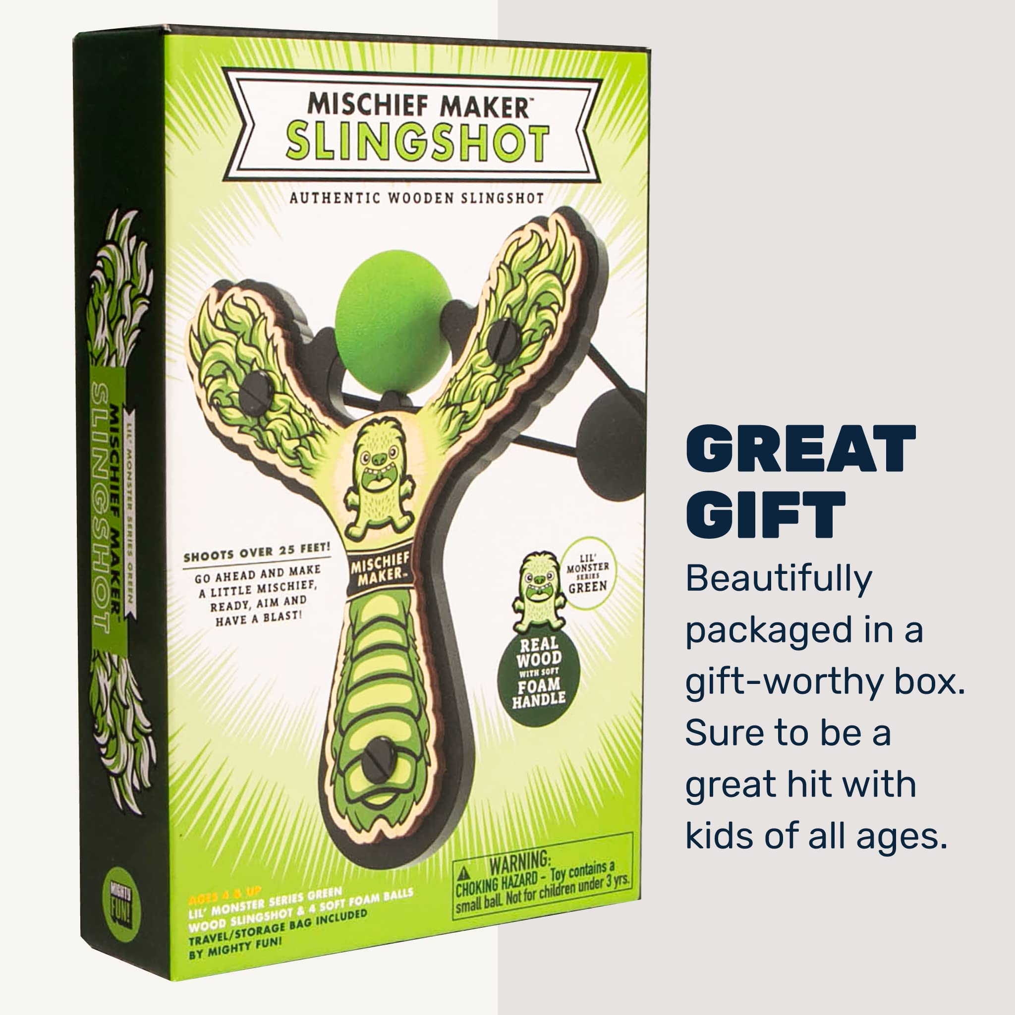 Mischief Maker® Wooden Slingshot - Lil' Monster Series - Real Wood Catapult Toy for Kids Ages 4+ with 4 Soft Foam Balls & Storage Bag - Outdoor Play, Backyard Games, Camping Fun (Green)