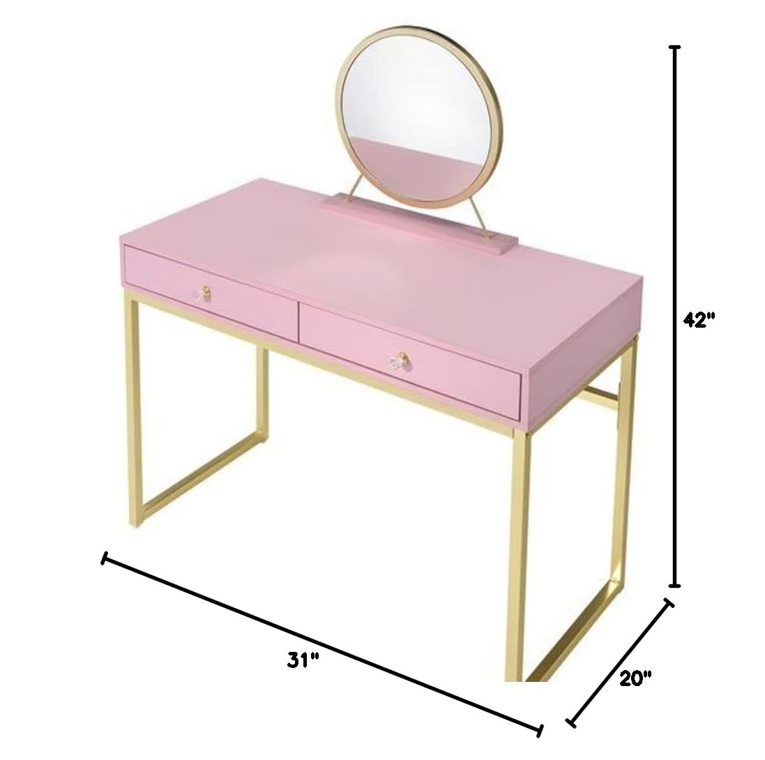 Acme Coleen 2-Drawer Wooden Vanity Desk with Jewelry Tray - Pink & Gold Finish | Perfect for Bedroom Makeup Organization & Jewelry Storage