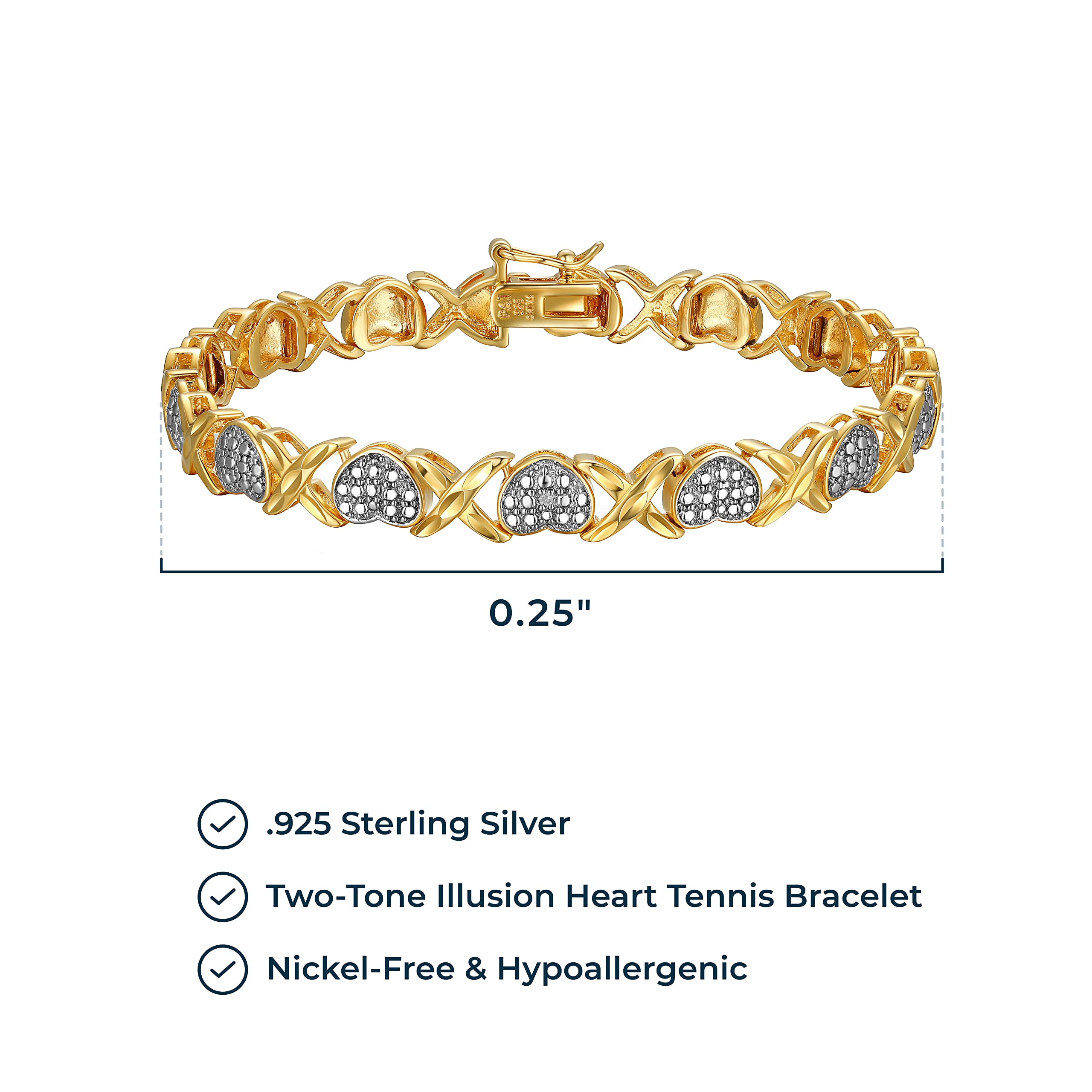 Morgan & Paige .925 Sterling Silver 18K Gold Plated Two-Tone Diamond Accent XO Heart Tennis Bracelet for Women - Elegant Hypoallergenic Jewelry for Valentine's Day, Anniversary or Romantic Gift