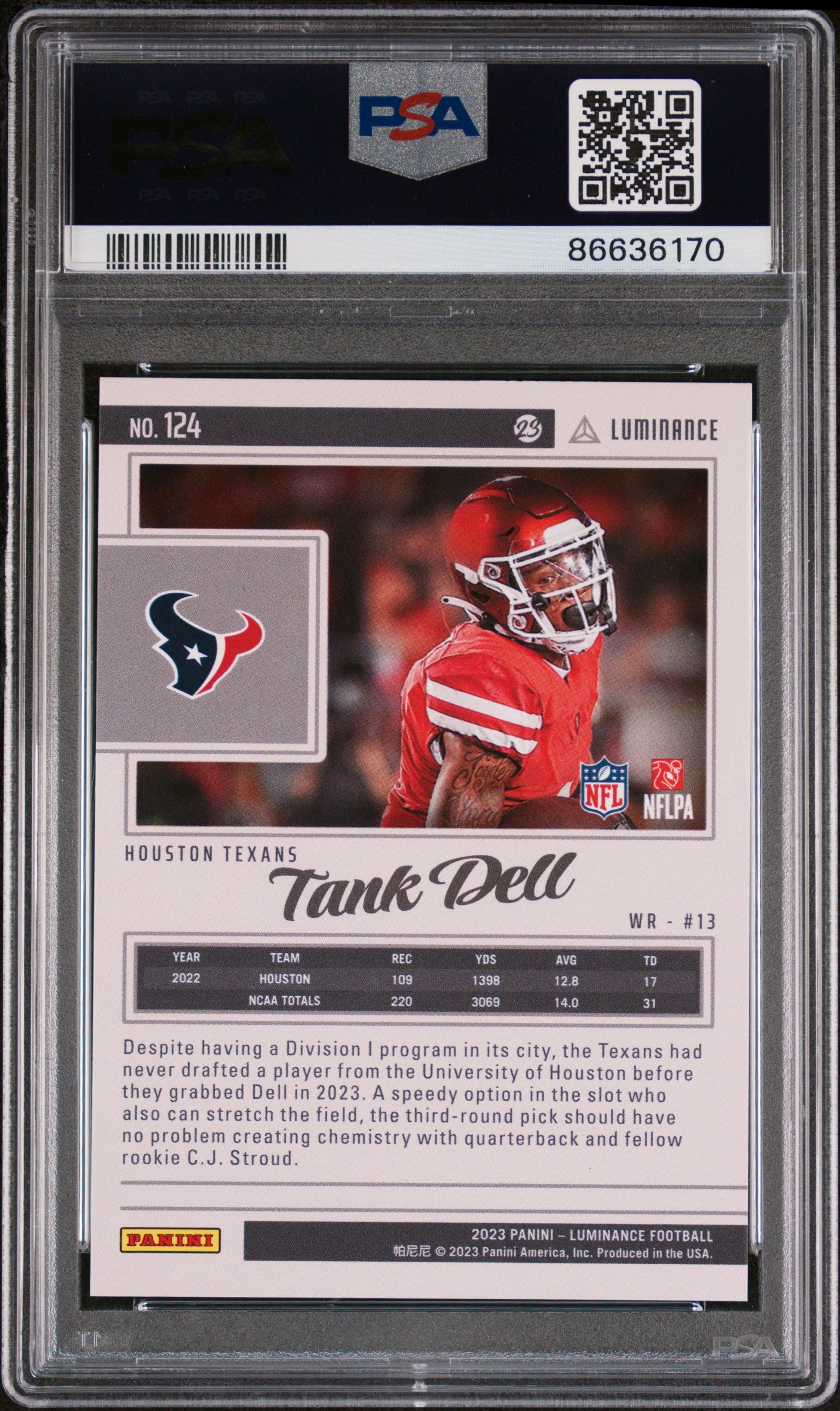 2023 Panini Luminance Tank Dell Black #124 PSA 10 Rookie Football Card - Perfect for Collectors & Sports Memorabilia Enthusiasts