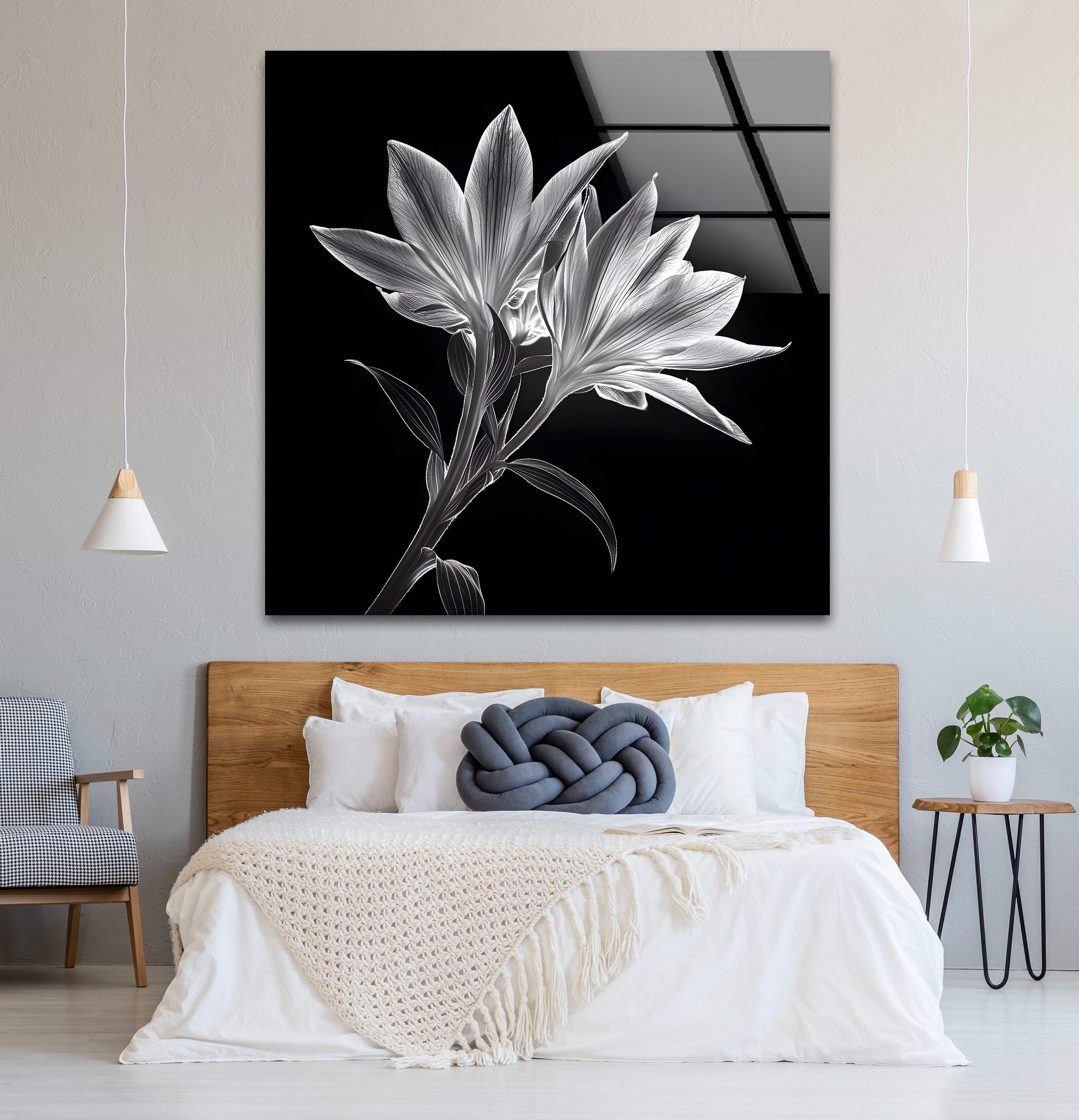 Black and White Xray Lilies Glass Wall Art - Elegant Floral Decor for Living Room, Bedroom, or Office - Perfect for Home and Office Decor