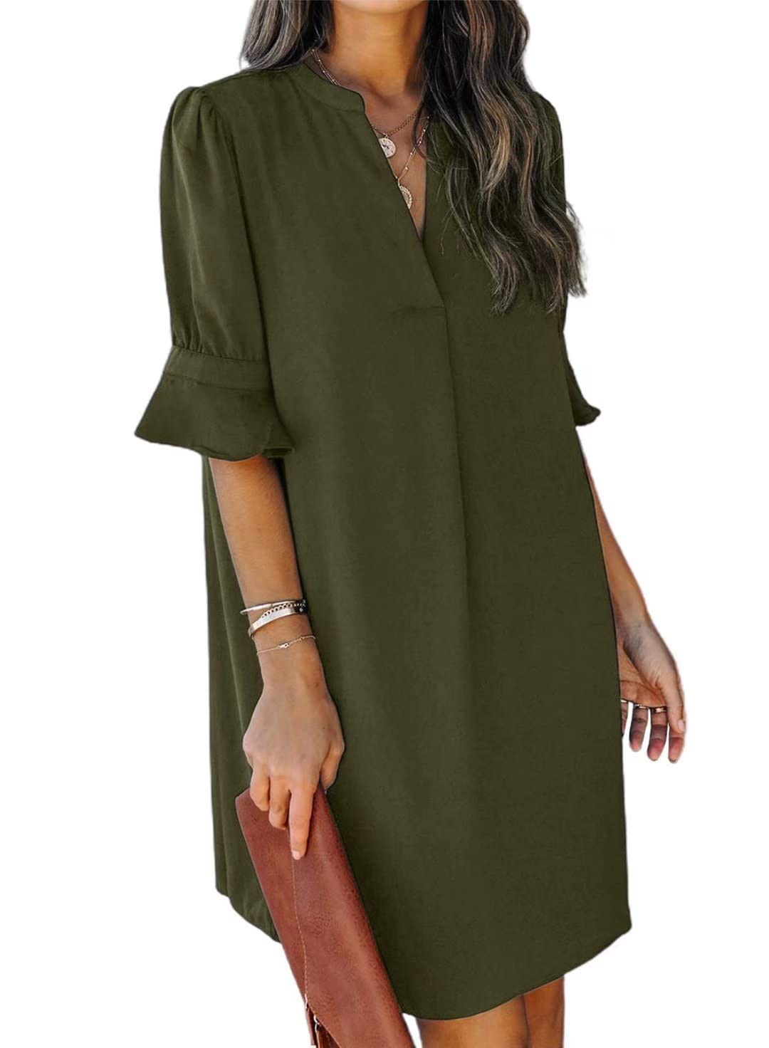 FEKOAFE Women's Summer Dress 2023 - V Neck Ruffle Short Sleeve Solid Color Casual Dress for Everyday Wear, Office & Outdoor Activities
