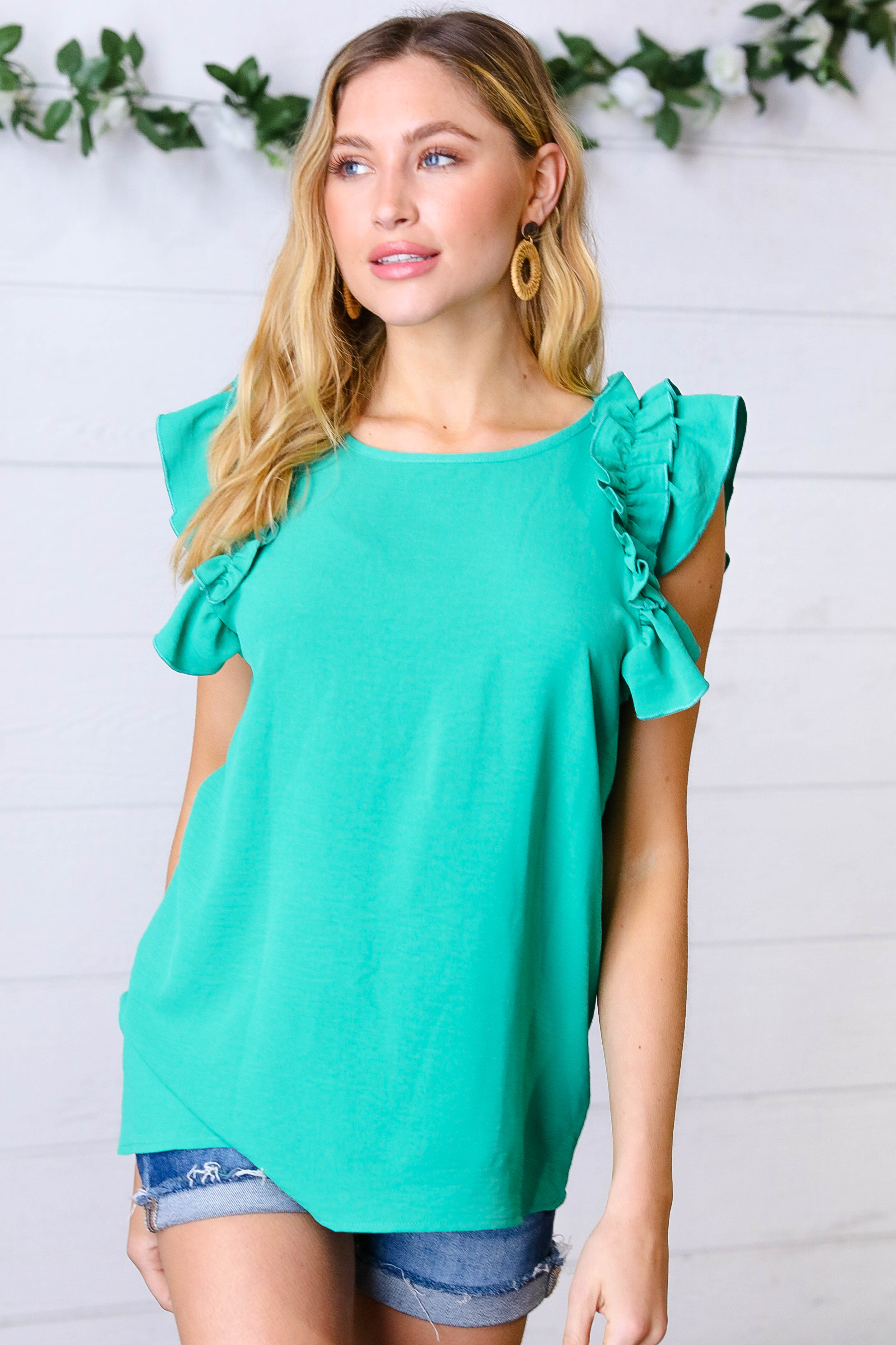 Kelly Green Double Ruffle Sleeve Crinkle Blouse - Women's Fashion Boho Chic Top for Casual Outings, Date Nights & Summer Festivals