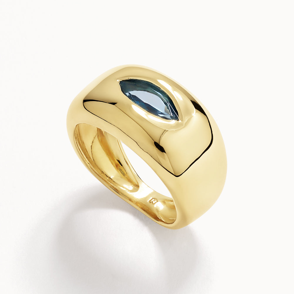 Exquisite 14K Gold Blue Topaz Marquise Pinky Ring for Women – Elegant Statement Jewelry for Parties, Weddings & Special Occasions