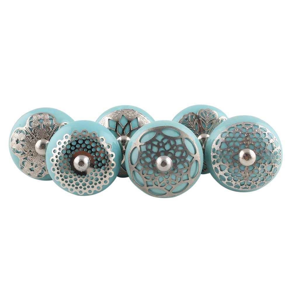 6 Pack Blue Ceramic Kitchen Cabinet Knobs - Floral Round Drawer Pulls for Dresser & Nursery - Decorative Cabinet Hardware for Home & Office Use