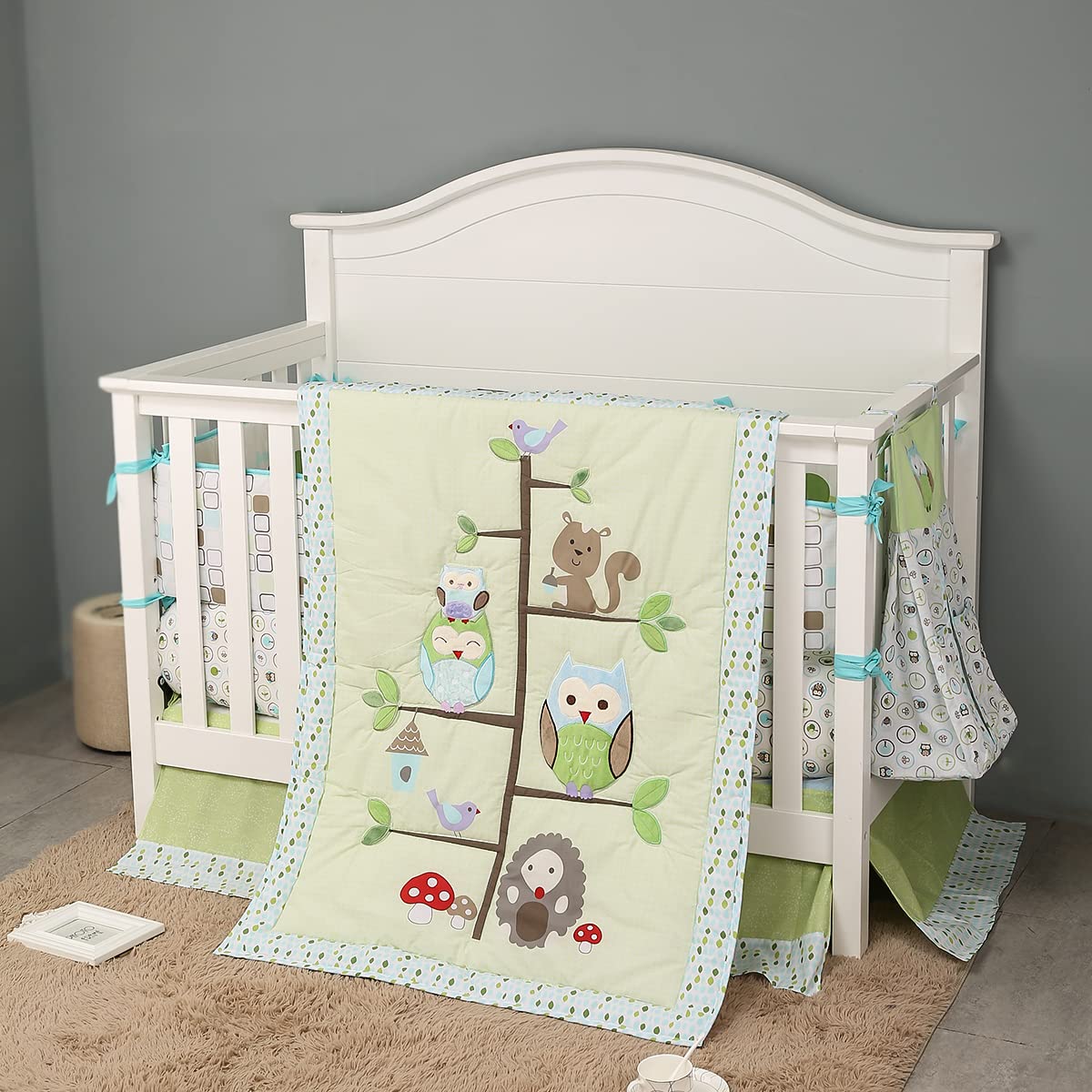 8-Piece Owl Theme Nursery Crib Bedding Set for Baby Boys - Green & White Owl, Squirrel & Hedgehog Design - Soft Cotton Baby Crib Sheets & Blankets - Perfect for Newborn Nursery Decor & Baby Shower Gifts