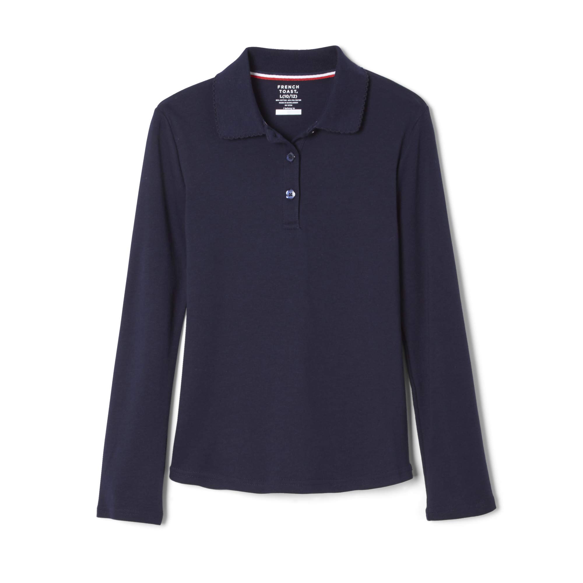 French Toast Big Girls' Long Sleeve Interlock Polo Shirt with Picot Collar - Navy Blue Size 10 - School Uniform, Casual Wear & Special Occasions