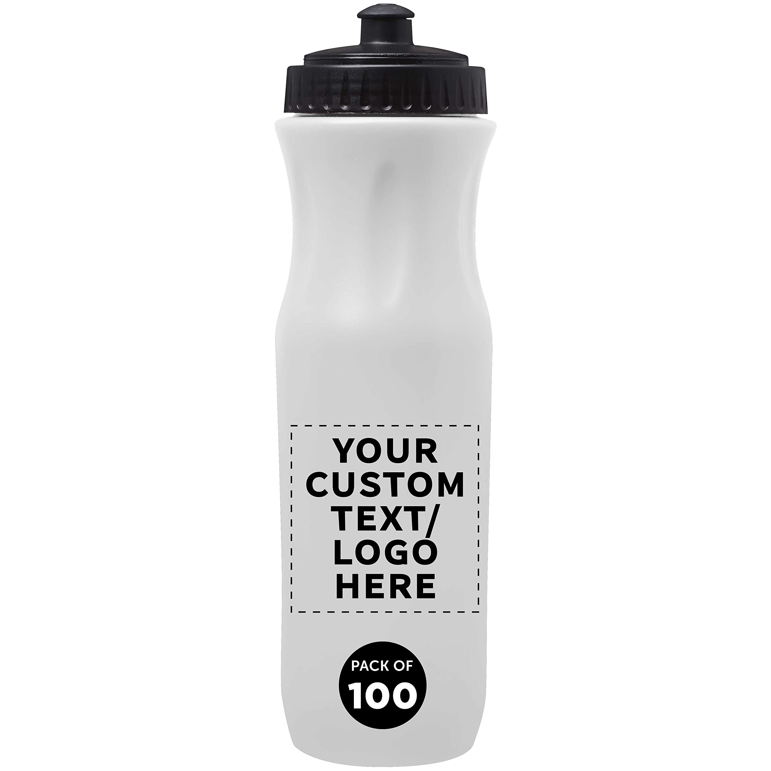 100 Pack 26 oz Customizable Plastic Water Bottles with Black Push Top Lids - Bulk White Water Bottles for Sports, Gym, School & Office - Personalized Text & Logo Printing Available