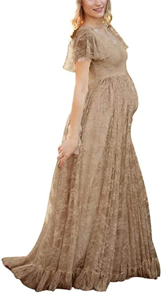 OLEMEK Women's Floral Lace Maternity Maxi Dress with Ruffle Detail - Short Sleeve Casual Dress for Wedding, Evening Party, Baby Shower & Photography - Perfect for Pregnancy Photos, Bridal Showers and Summer Occasions