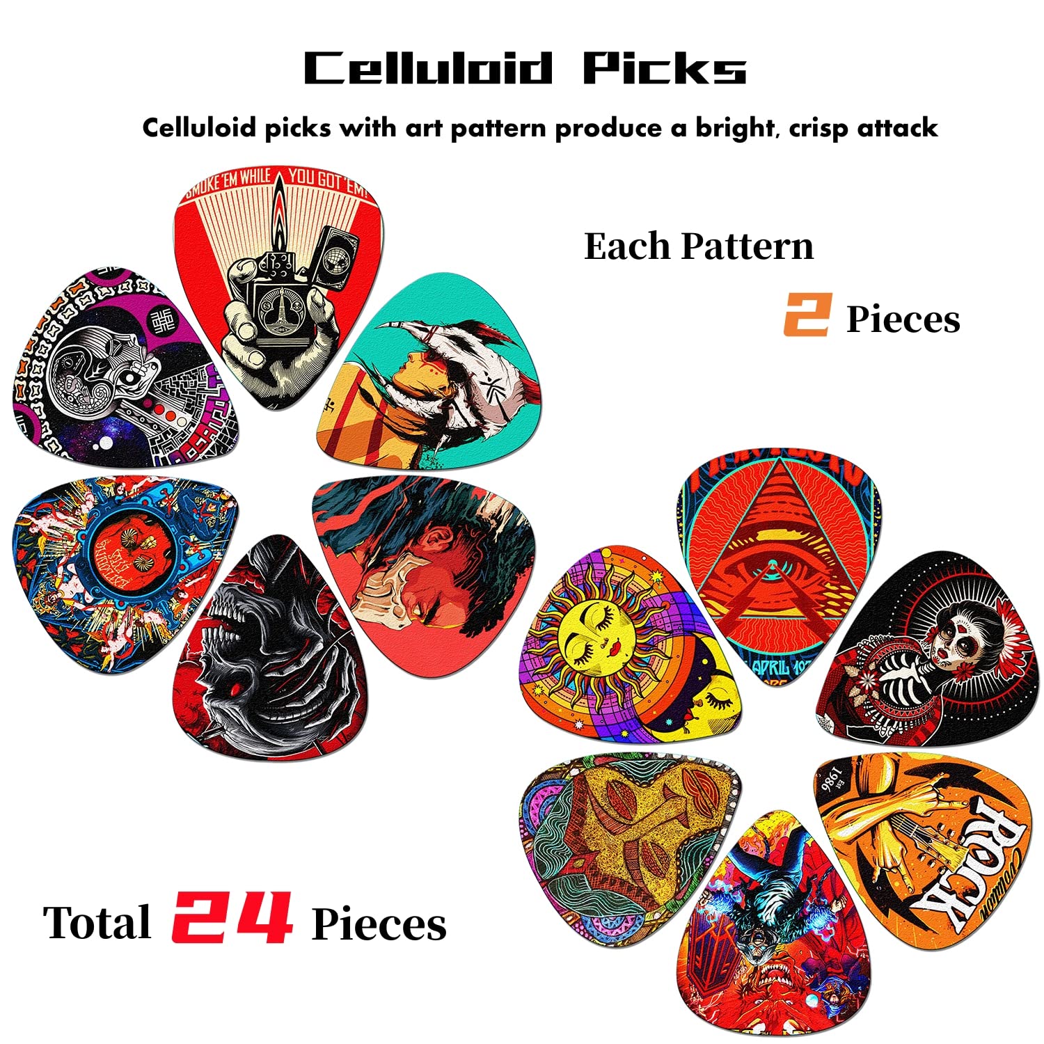 24 Pack Guitar Picks Variety Set - Thin, Medium, Heavy & Extra Heavy Celluloid Picks with Tin Box for Bass, Electric & Acoustic Guitar - Perfect Gift for Musicians & Guitar Lovers - Great for Practice, Recording & Live Performances