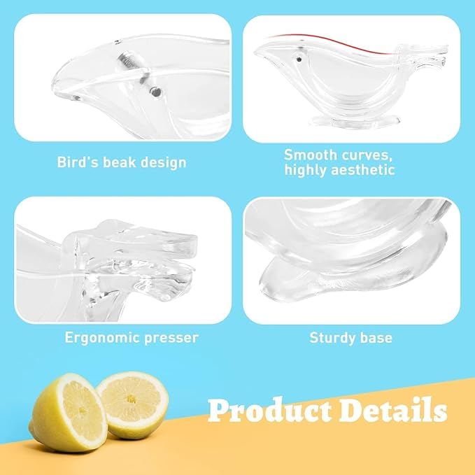 Premium Manual Lemon Juicer - Acrylic Handheld Citrus Press for Orange, Lime & Pomegranate | Transparent Portable Fruit Squeezer with Elegant Bird Design | Perfect for Cocktails, Baking & Healthy Juicing at Home