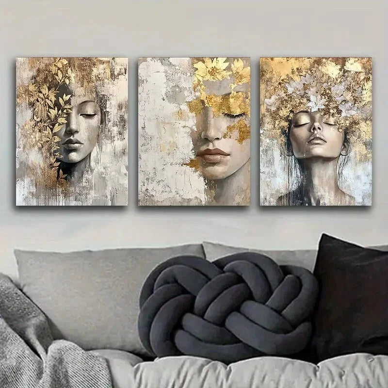 3-Piece Golden and Gray Girl Art Painting Metal Print - Ready to Hang Wall Decor for Bedroom, Living Room, or Office