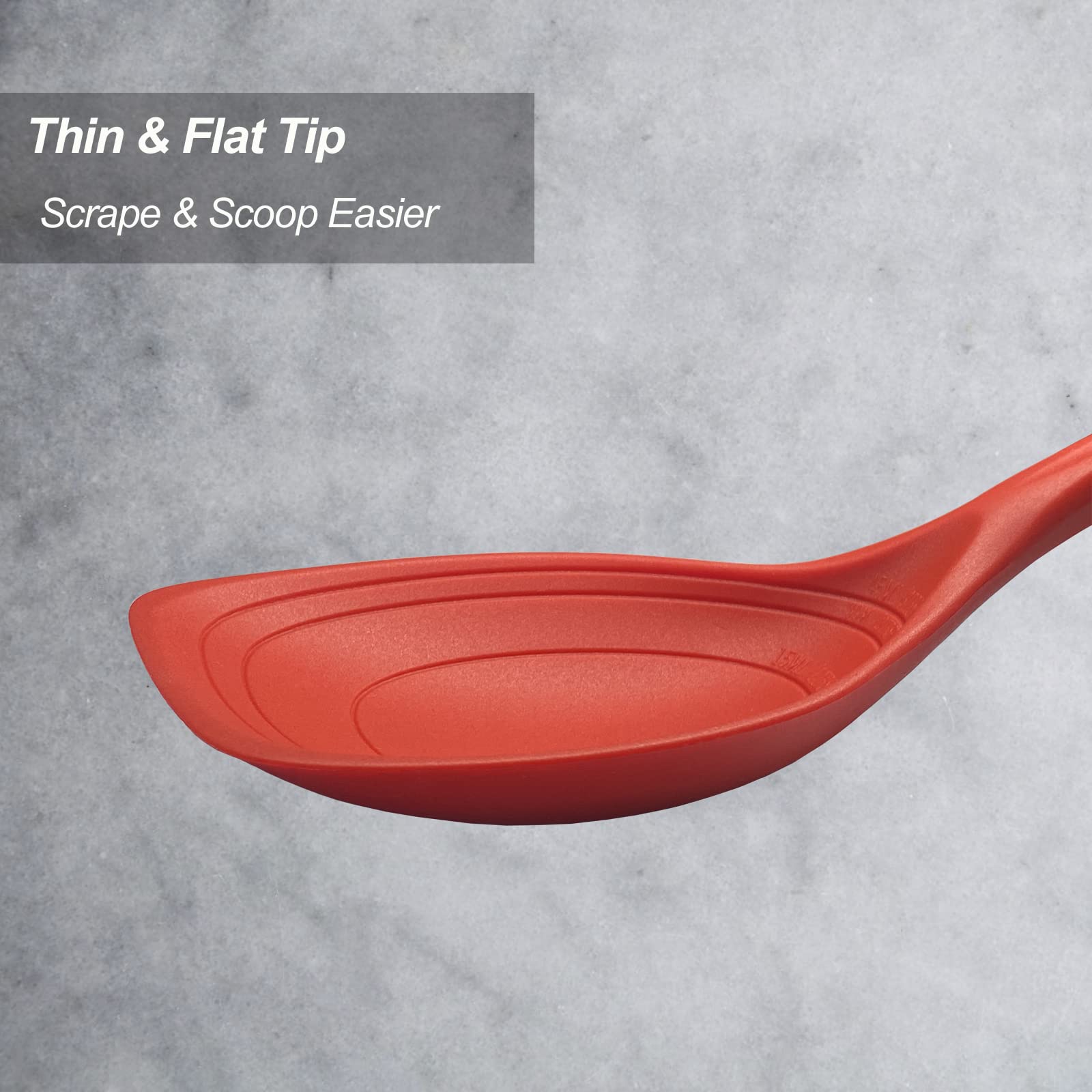 Premium Large Silicone Cooking Spoon Set - Non-Stick Solid Kitchen Utensils with Deep Bowl & Measurement Marks for Mixing, Serving, Draining - Heat Resistant Red Spatula for Baking, Cooking & Meal Prep
