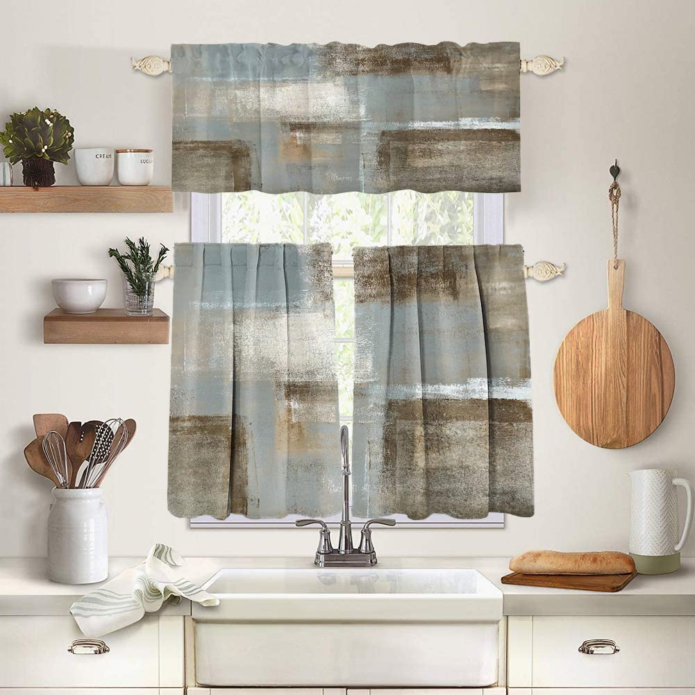 Brown Gray Kitchen Curtains and Valances Set - 3 Piece Modern Abstract Window Treatments for Kitchen & Living Room | Thermal Insulated Beige Drapes for Home Decor