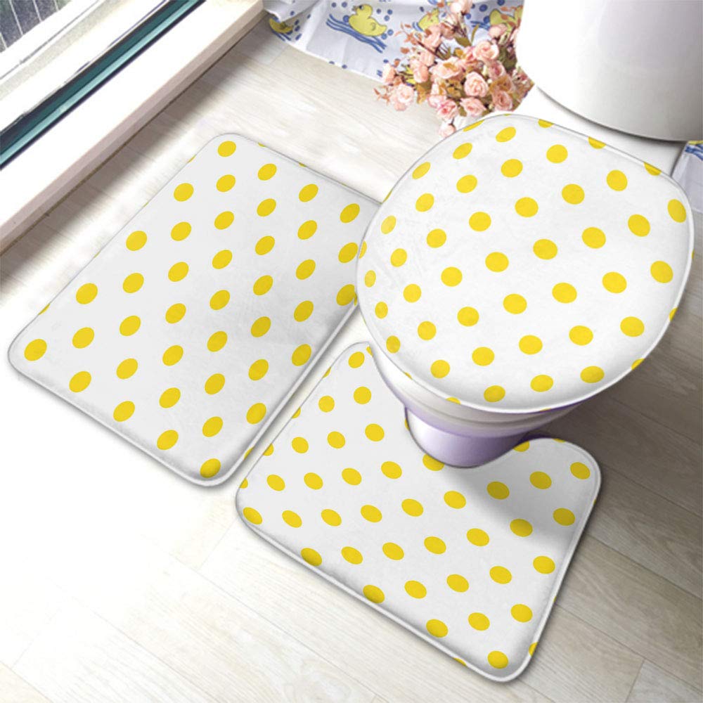 HOSNYE Yellow Polka Dot Bathroom Rug Set - 3 Piece Non-Slip U-Shaped Contour Mats with Toilet Lid Cover | Water Absorbent Soft Microfiber for Bath, Shower & Vanity Area | Modern Minimalist Decor for Home, Apartment, Dorm